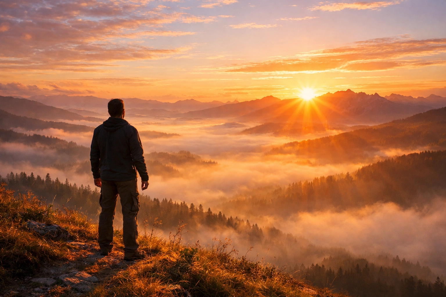 Man standing on a mountain ridge at dawn, illustrating a fresh start on a faith journey.
