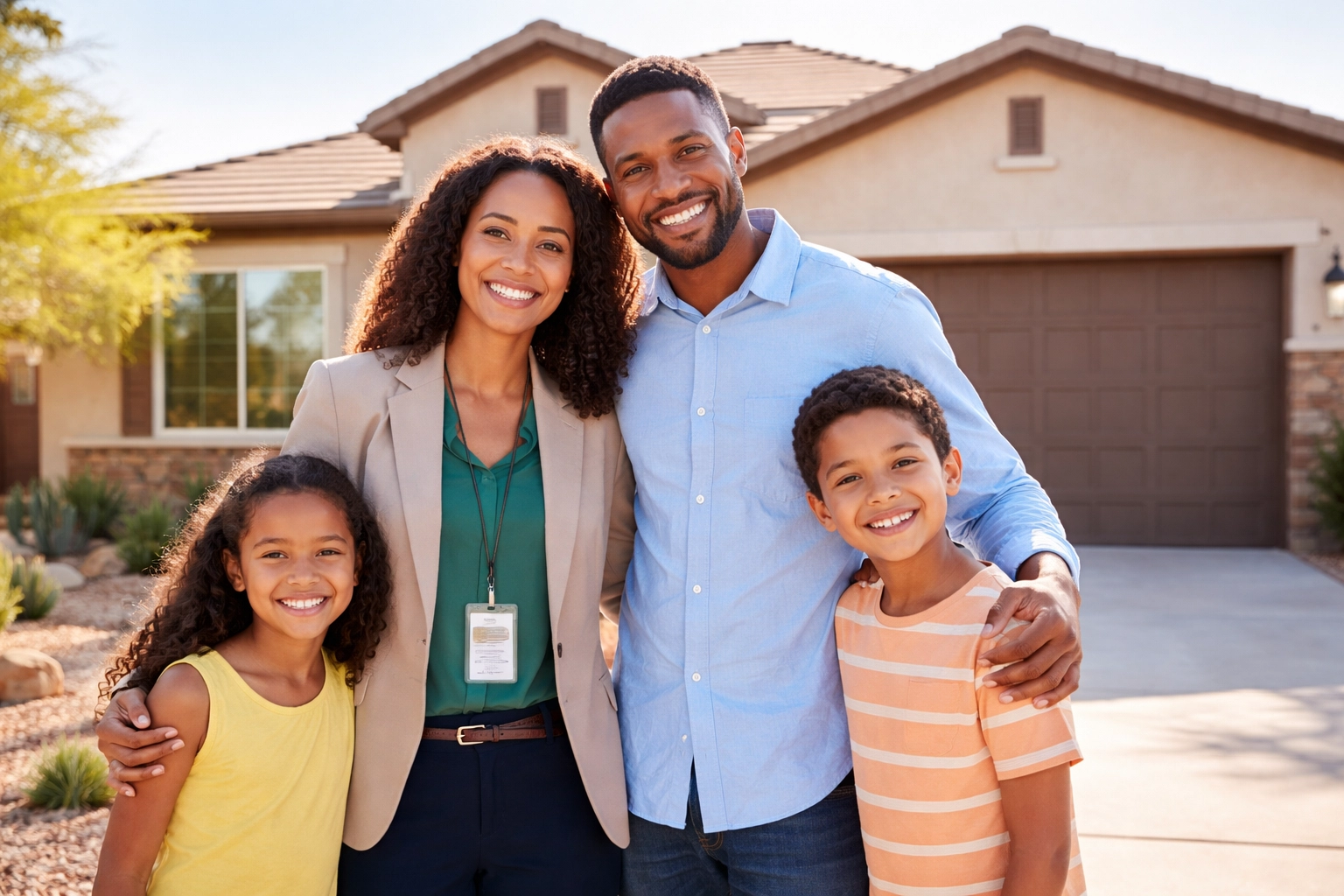 Diverse family of public servants in front of their new Buckeye, AZ home, symbolizing community pride