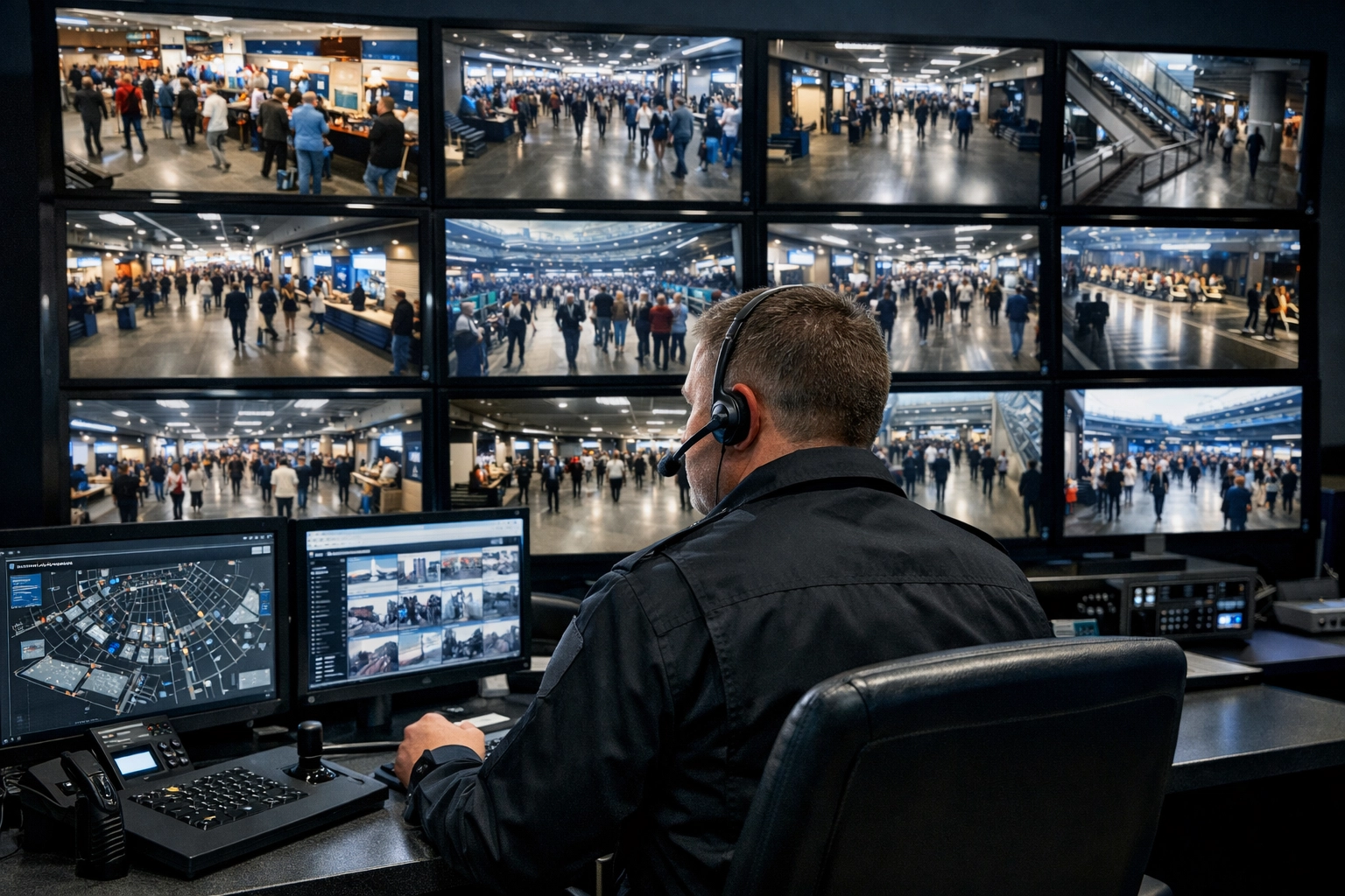 Security specialist monitoring stadium concourse from a high-tech control room to ensure public safety.