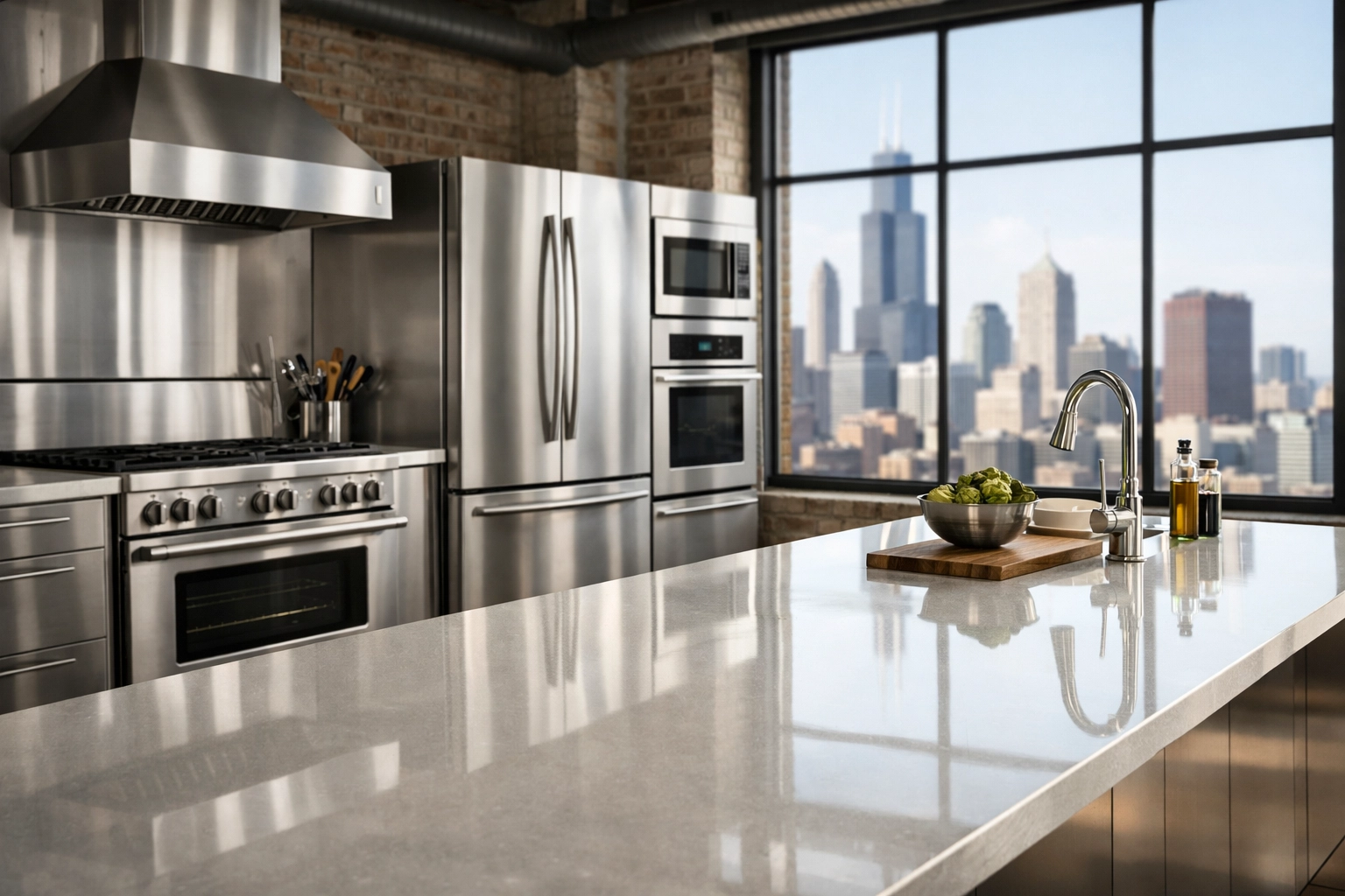 Clean metropolitan apartment kitchen in a Chicago loft with stainless steel appliances and quartz island.