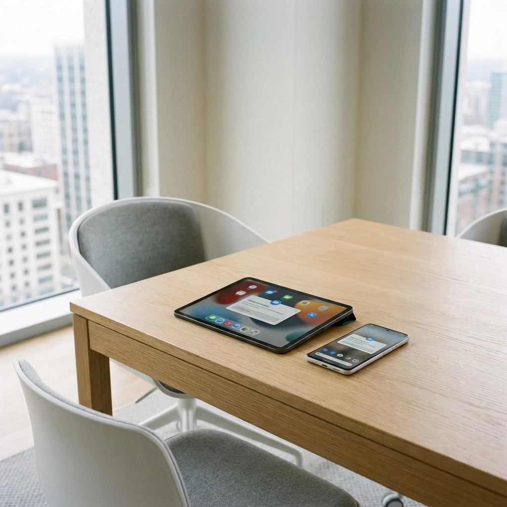Office table with tablet and smartphone highlighting automated client communication in tax practice