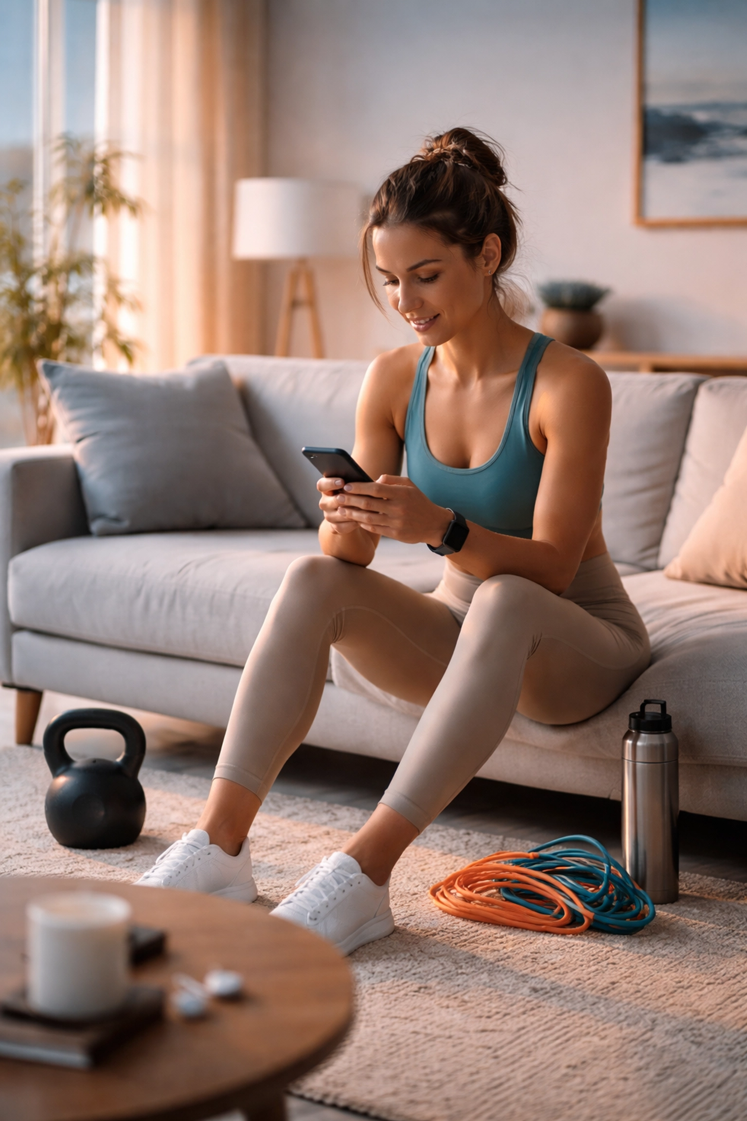 Woman in workout clothing using her phone in her living room, illustrating the flexibility and convenience of online personal training.