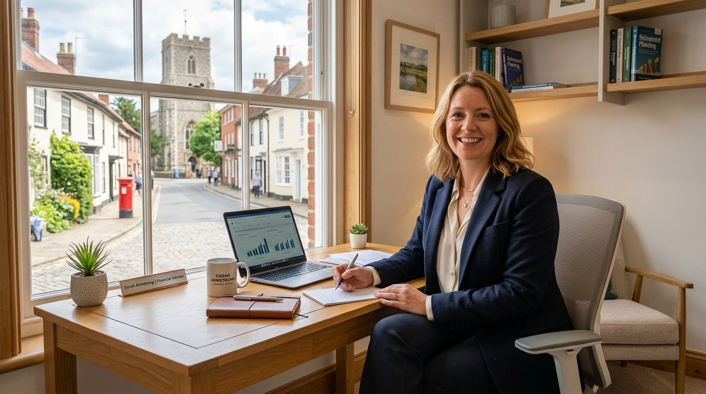 A friendly financial adviser in a bright, airy Woodbridge office, smiling and ready to provide helpful guidance.