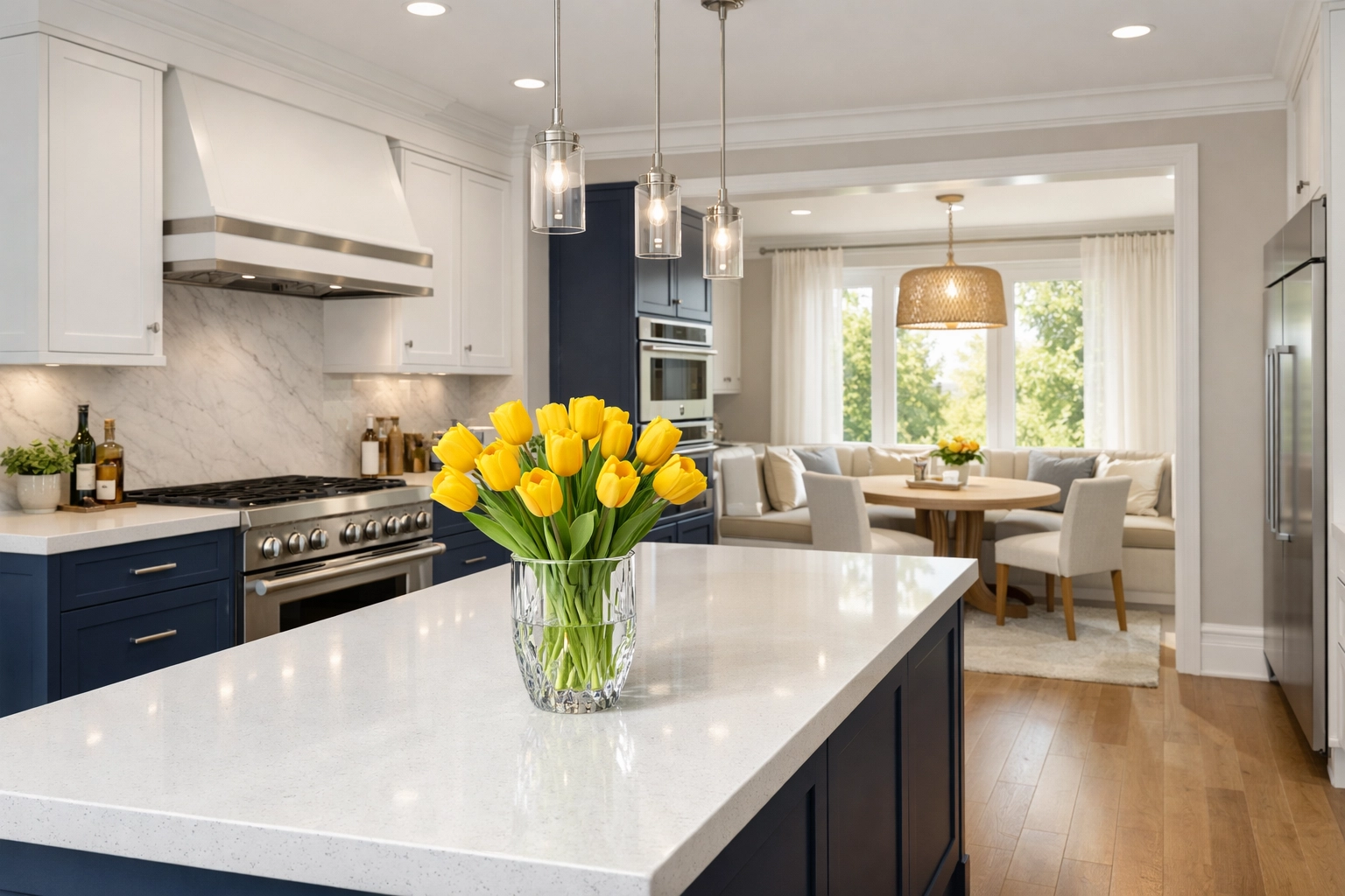 Immaculate luxury kitchen and quartz island highlighting high-end residential cleaning Massachusetts standards.