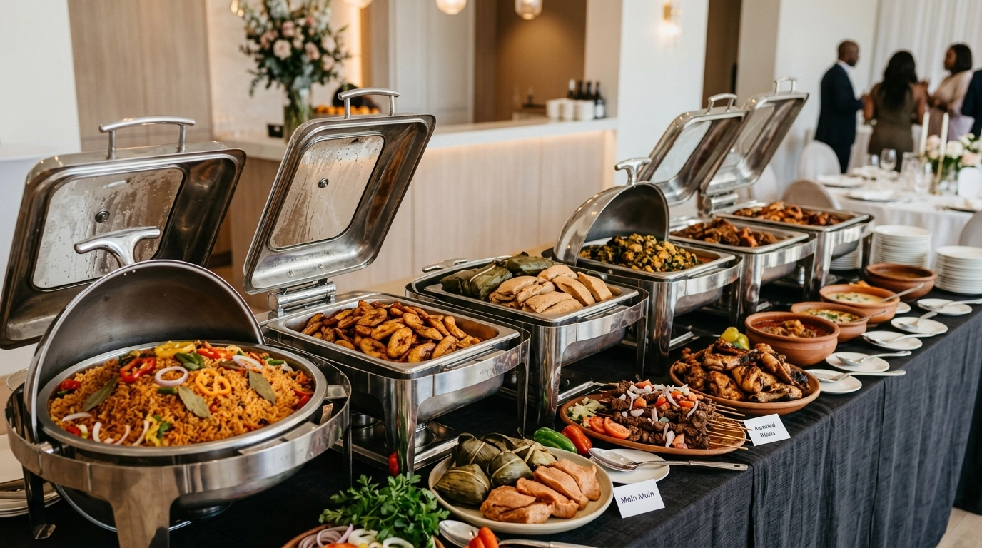 The Spitfire Standard in buffet service: a high-quality Nigerian food buffet featuring Jollof rice, plantains, moin moin, soups, and assorted grilled meats in a professional catering setup.