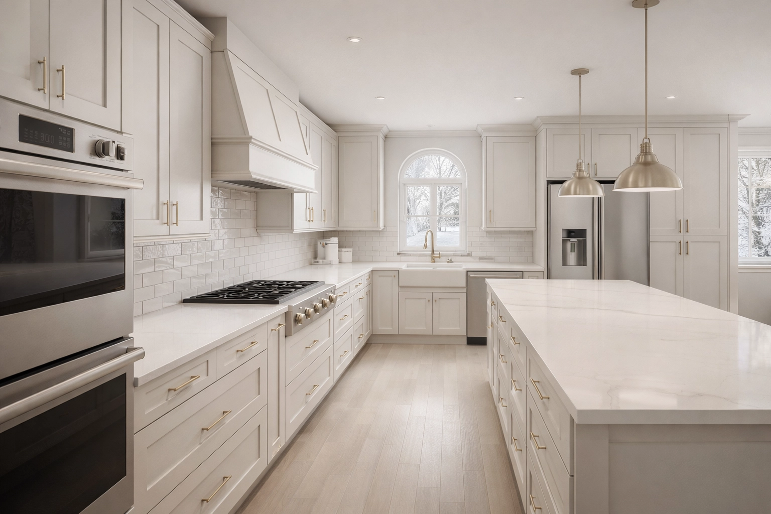 Wide, clean kitchen beauty shot in neutral tones with subtle cabinet damage signs: minor joint line separation and inconsistent door reveals under soft daylight