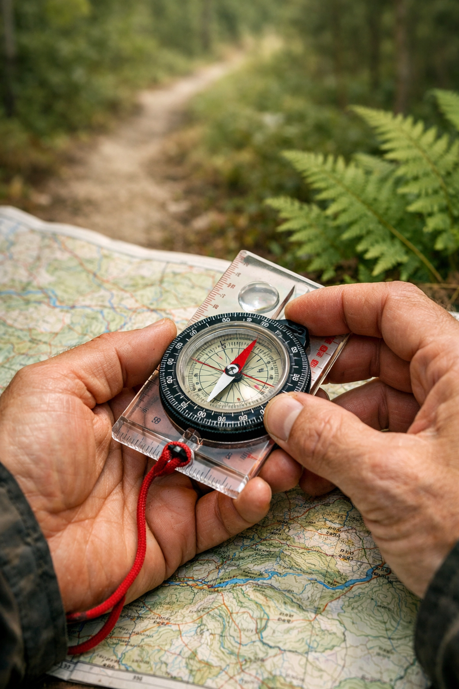 Hands using compass on map for UK camping navigation and outdoor survival skills