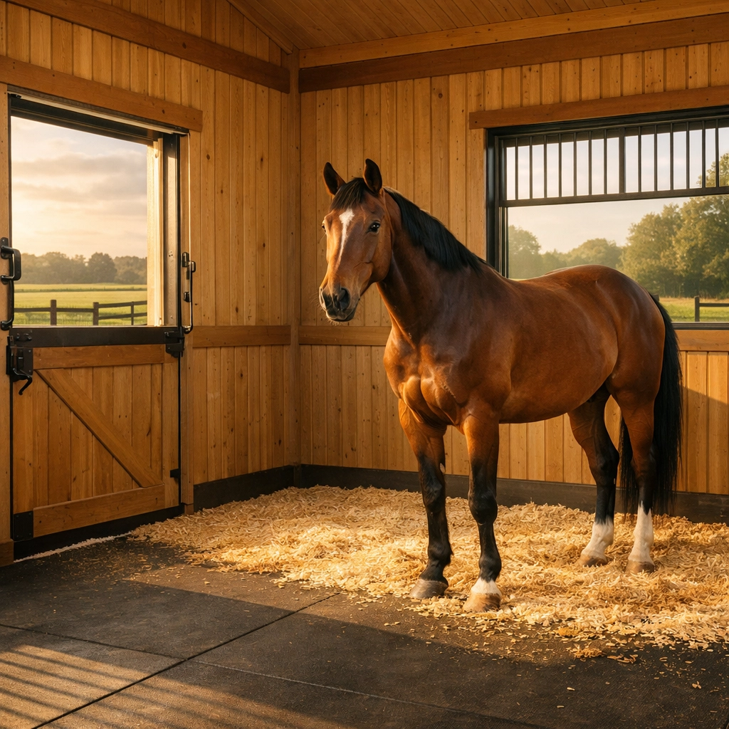 Spacious luxury horse stall with Dutch doors and natural light in Charlotte stable design