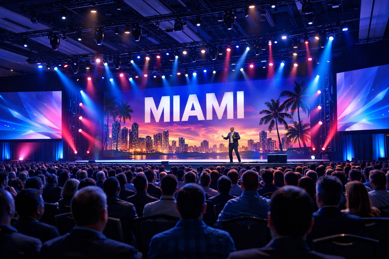 Conference photographer miami captures a high-energy keynote presentation in a grand, modern venue.