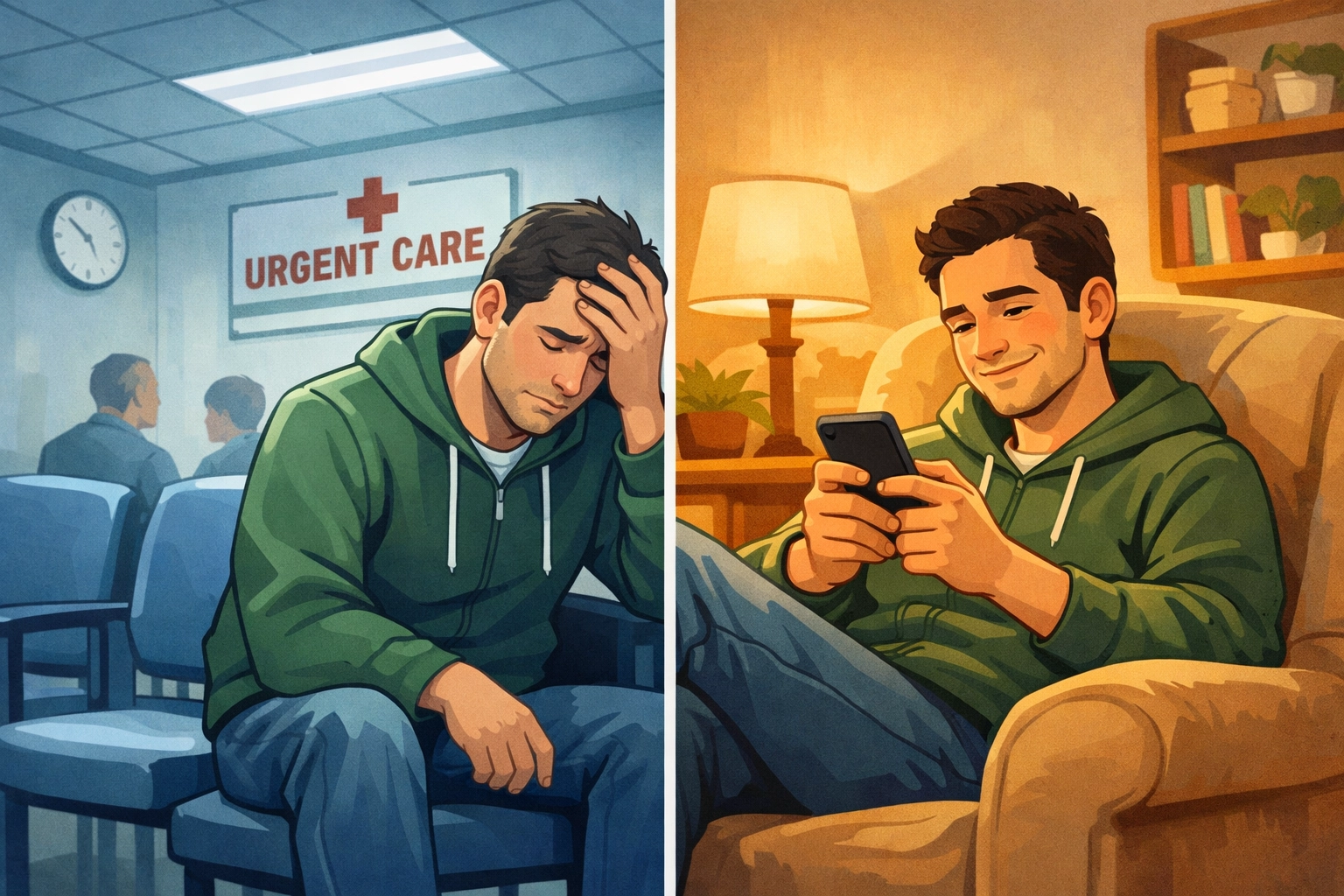 Comparison of urgent care waiting room versus comfortable at-home online doctor consultation