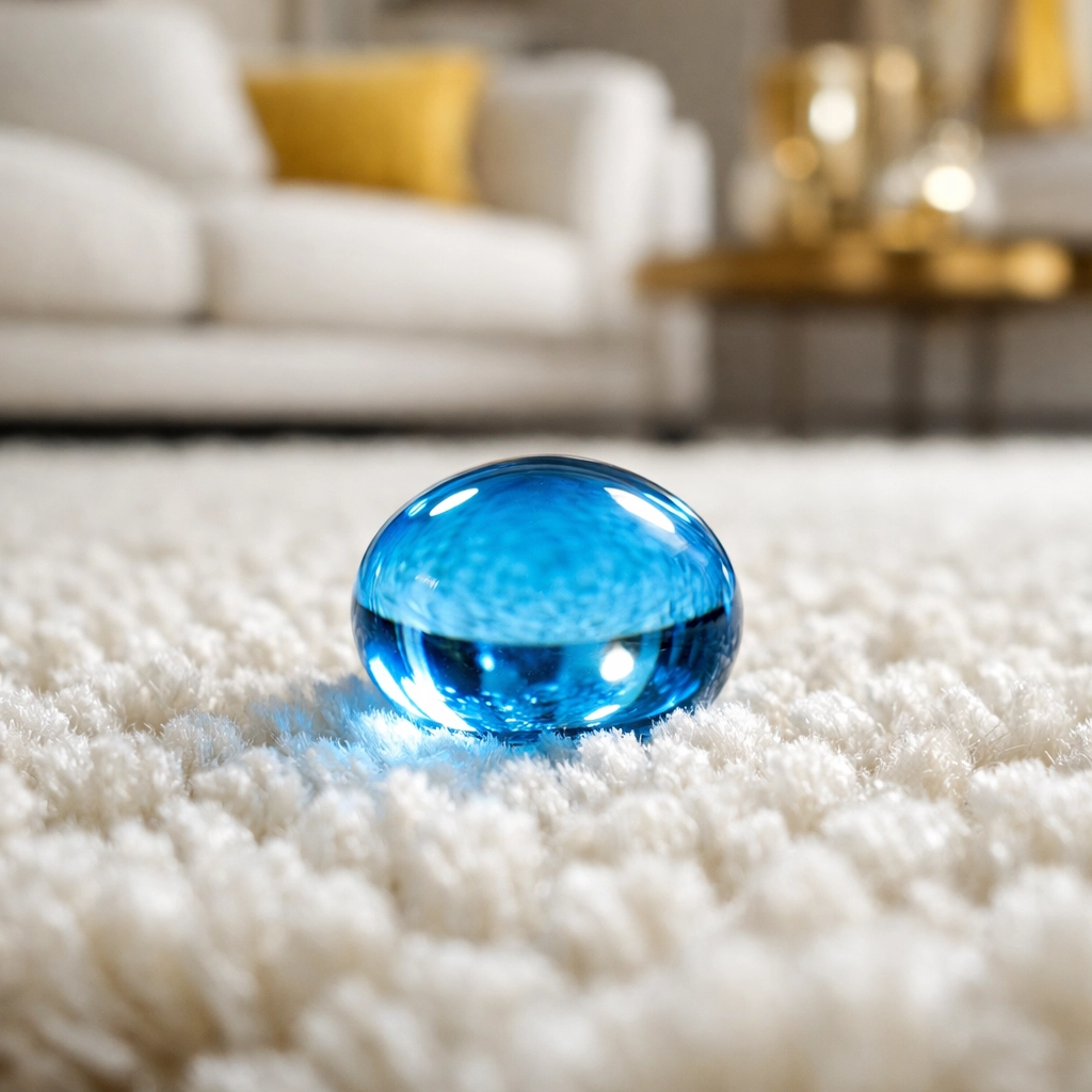 Water droplet beading on white carpet after a professional stain protection treatment.
