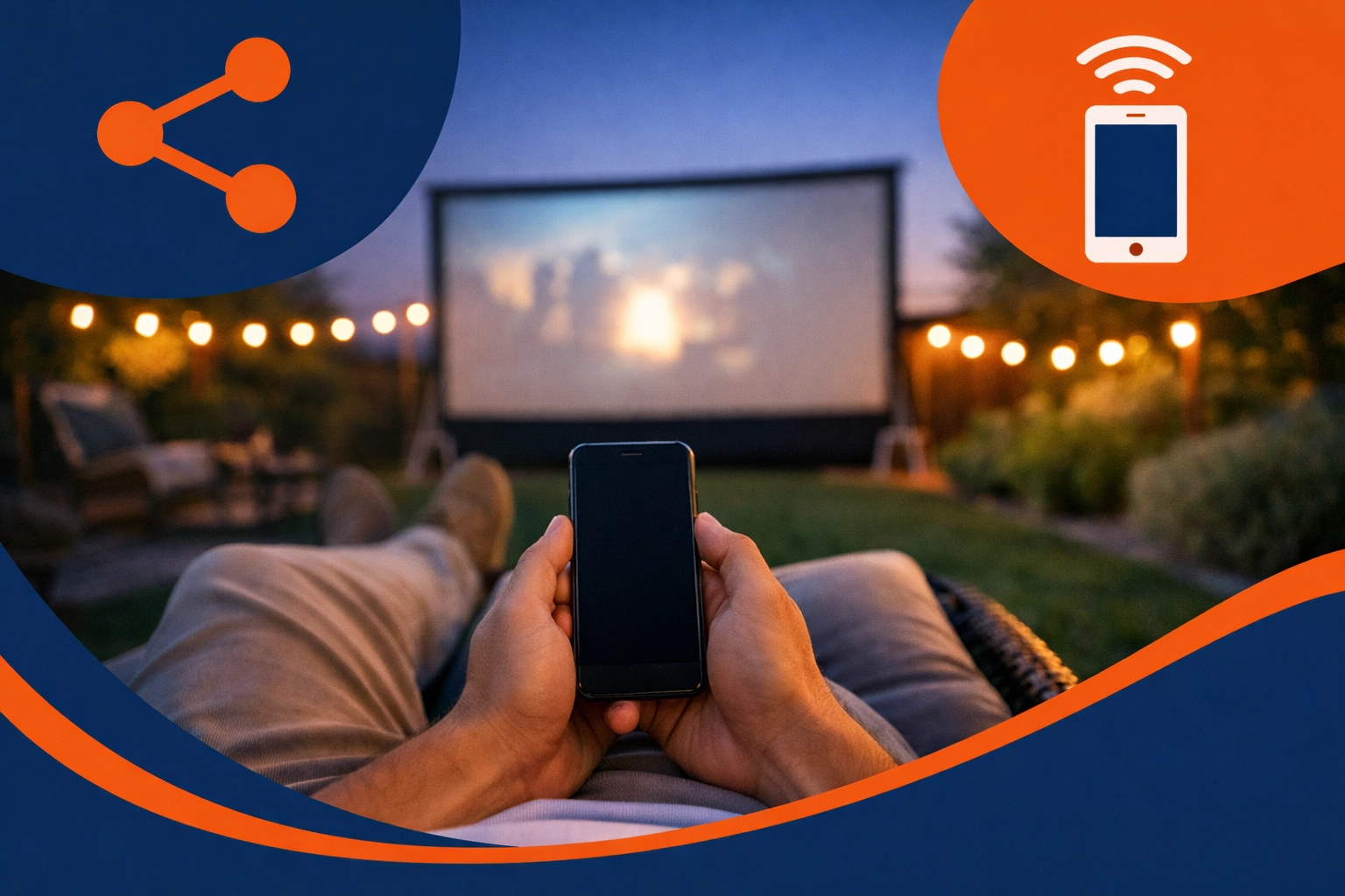 Using a smartphone to plan a backyard movie night with a rental projector screen