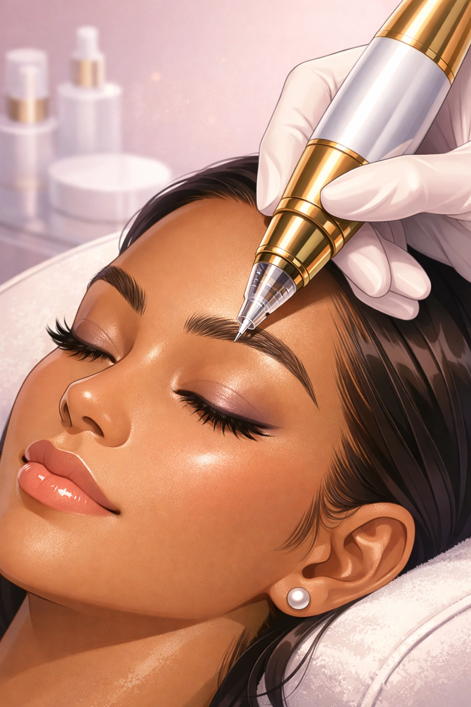 Digital nano-needle machine performing a precise, nurse-led nano brow treatment for natural, hair-like strokes.