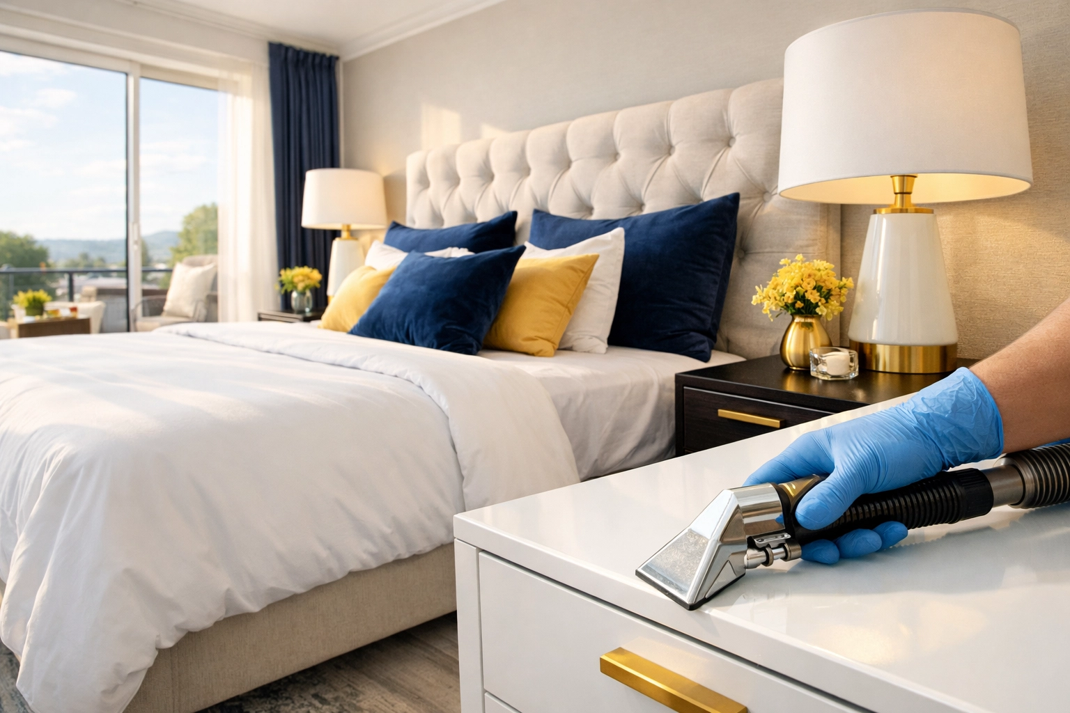 Worcester house cleaning expert detailing a nightstand to improve bedroom air quality and sleep.