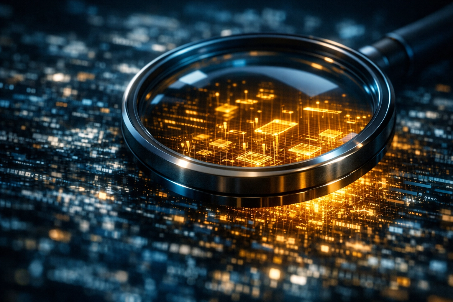 A digital magnifying glass focusing on data to symbolize AI fact-checking and research accuracy.