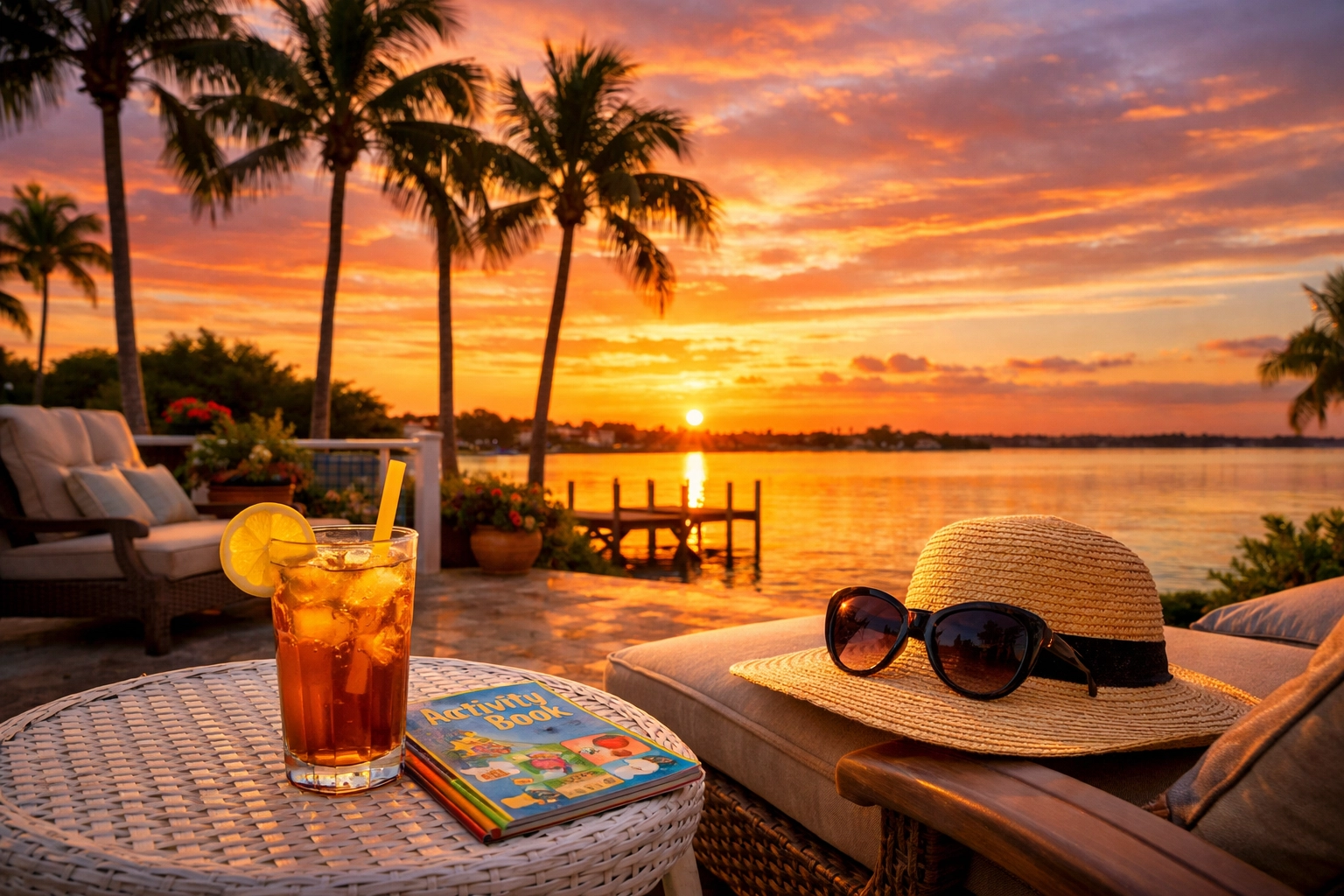 Turning 65 Activity Book on a coastal Florida patio table with iced tea and sunset palm trees in background.