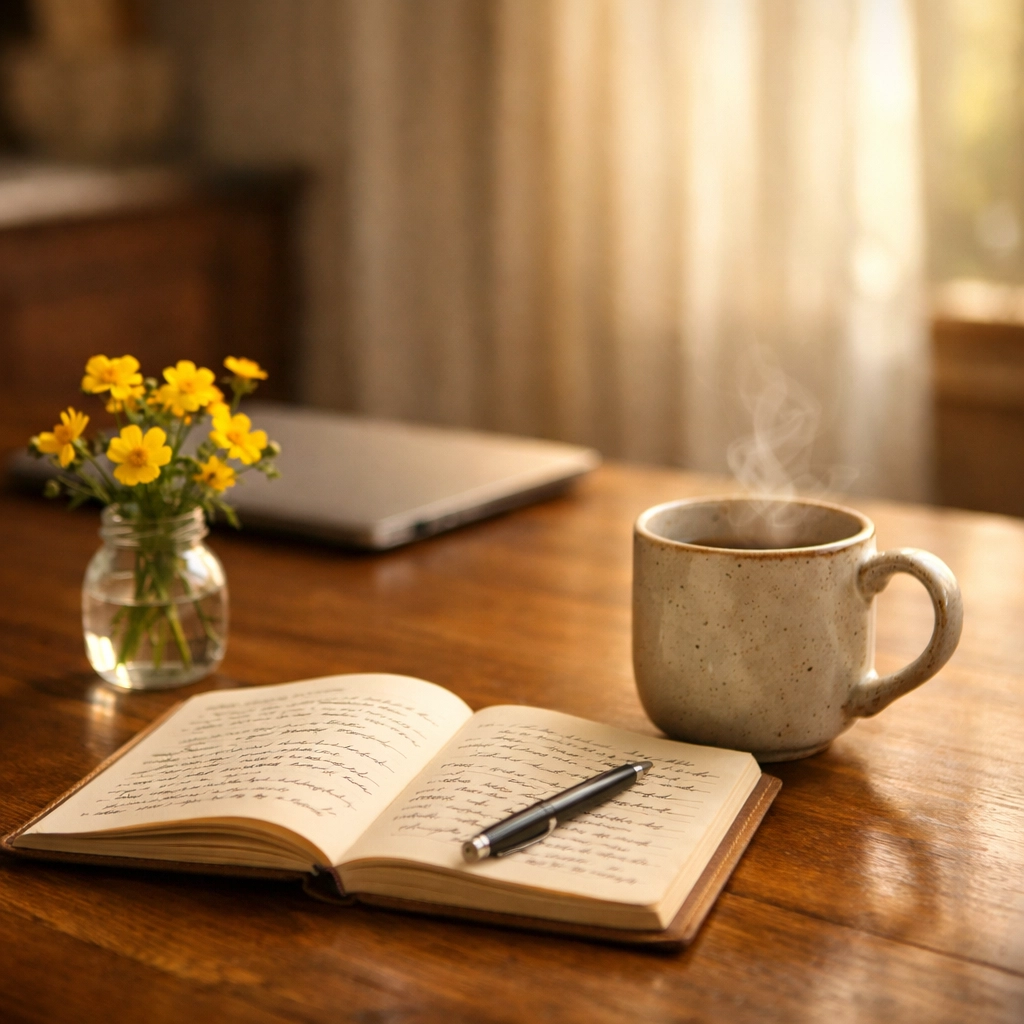 A quiet morning with a journal and closed laptop, highlighting mental health and healthy work-life boundaries.
