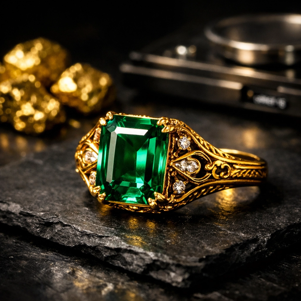 Vintage gold emerald ring and scale, showing the true value when you sell gold in Columbus, Ohio.