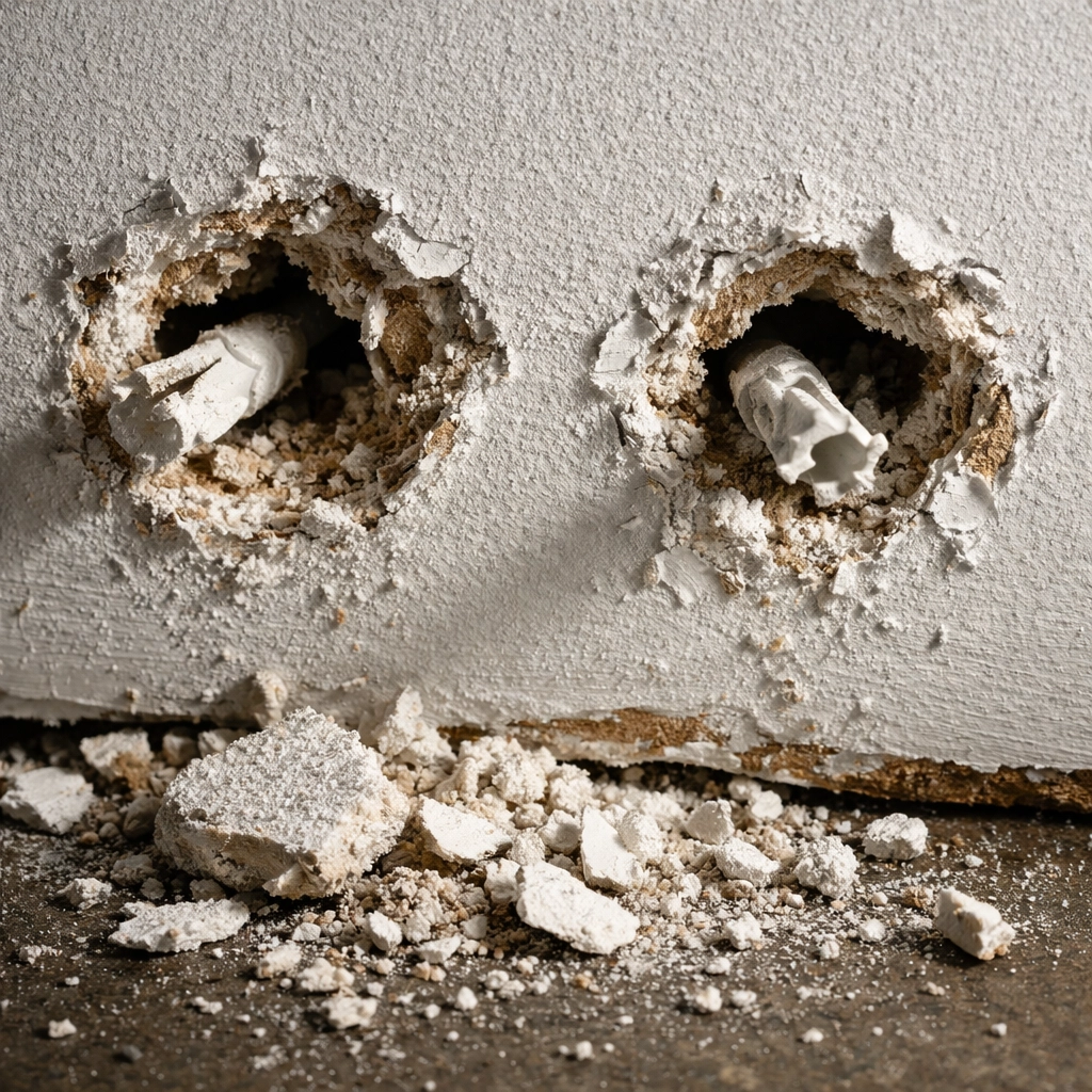 Failed drywall anchors and damaged wall from pull-up bar installation