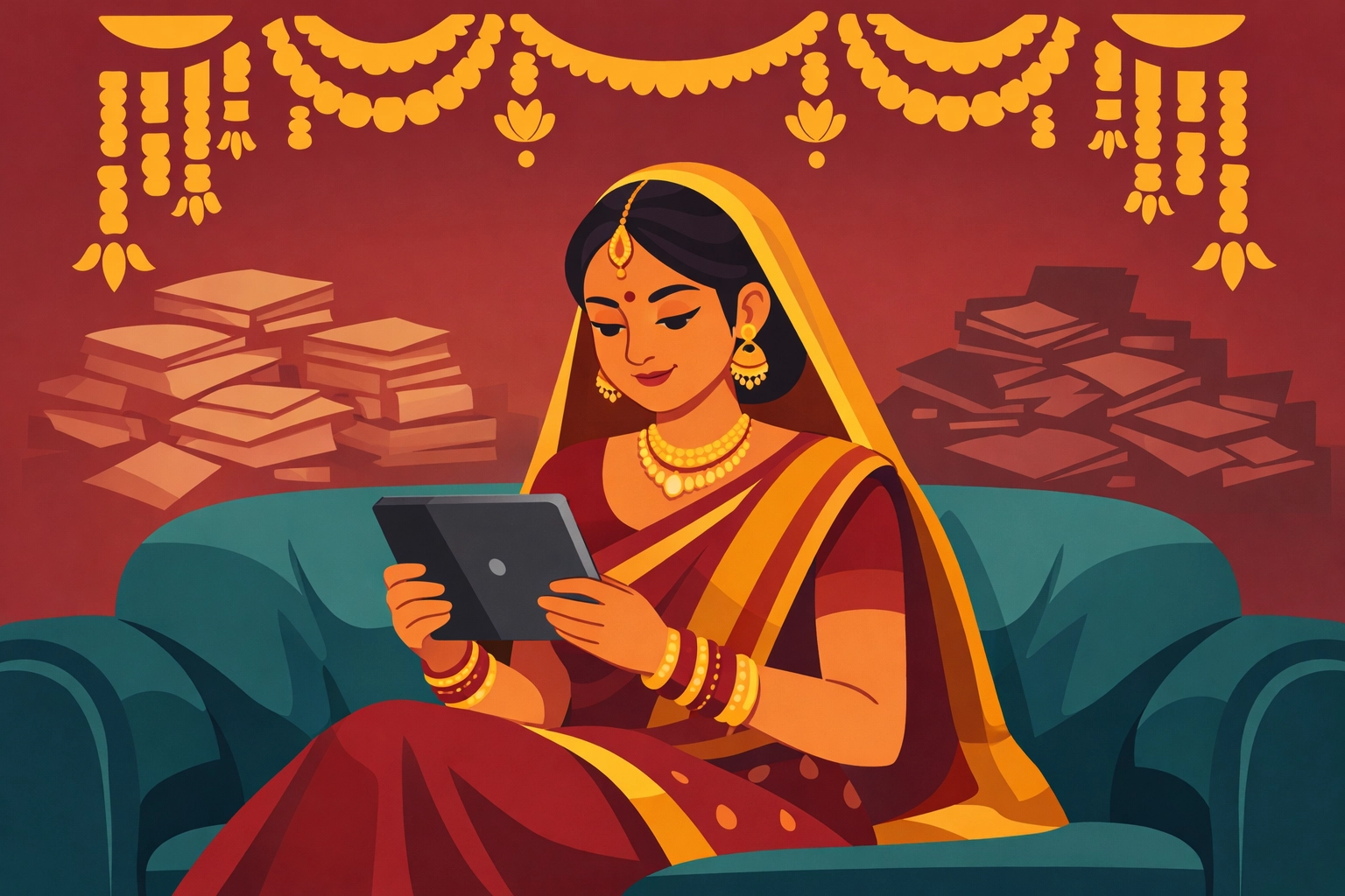 Modern Indian bride using a digital wedding planning checklist