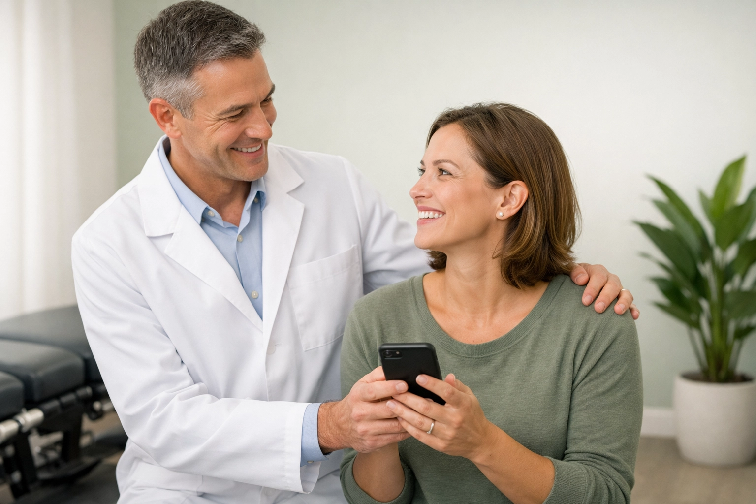 A smiling patient leaving a chiropractic review on their phone after a successful adjustment in a modern clinic.
