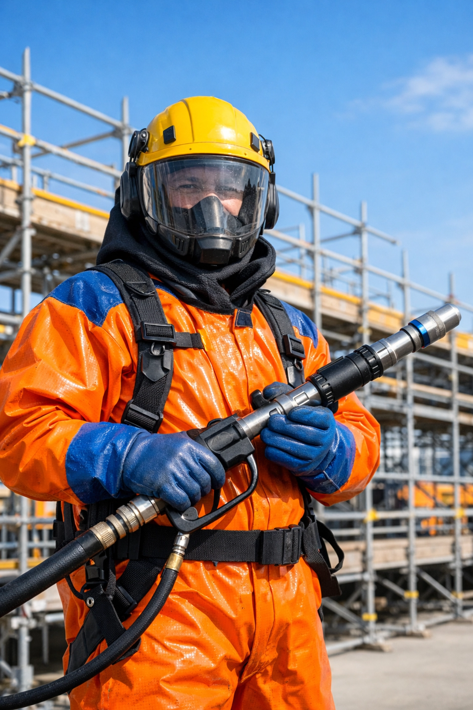 Vetted construction workers wearing high pressure water jetting PPE on a professional site.