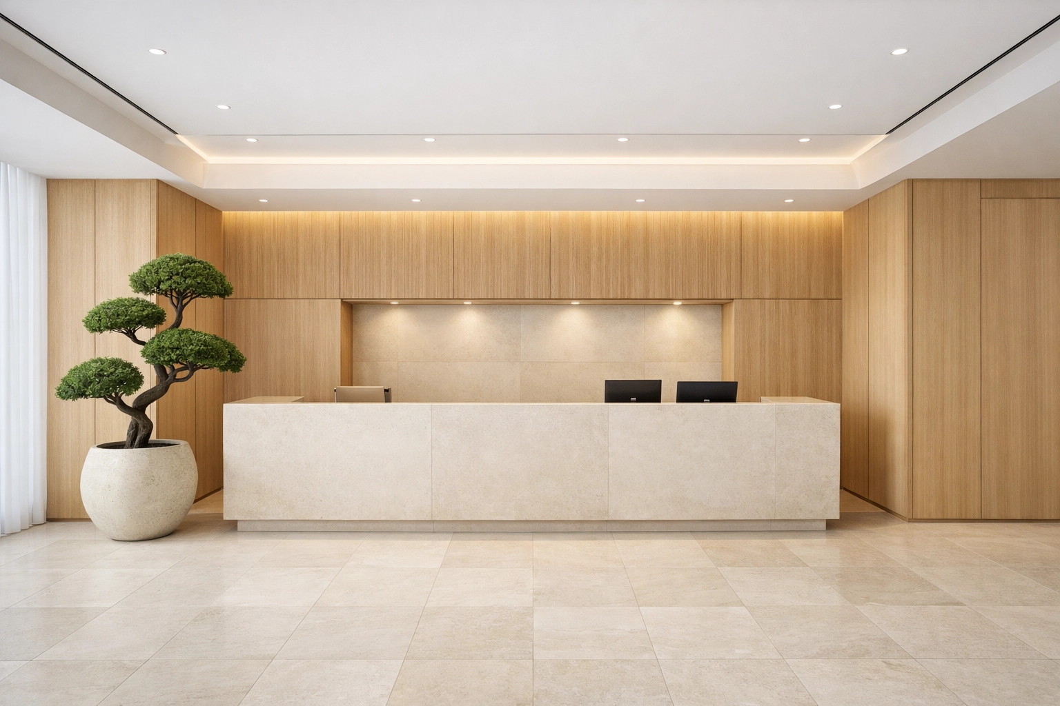 Modern hotel reception area showing organized efficiency from automated housekeeping software.