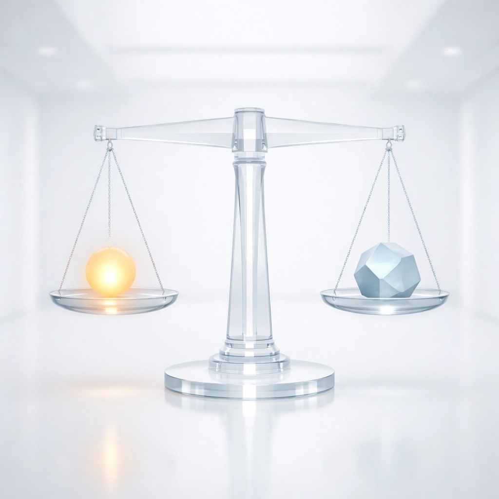 Symmetrical scales of justice balancing light and stone, representing the tension between law and faith.