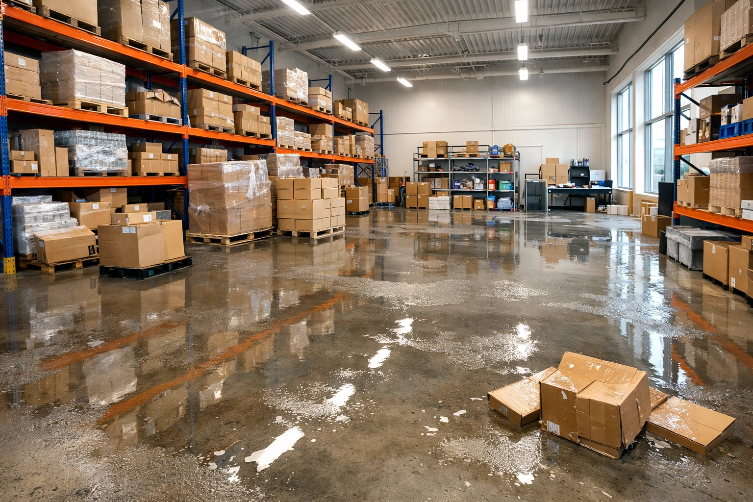 Water-damaged commercial warehouse showing need for business property insurance