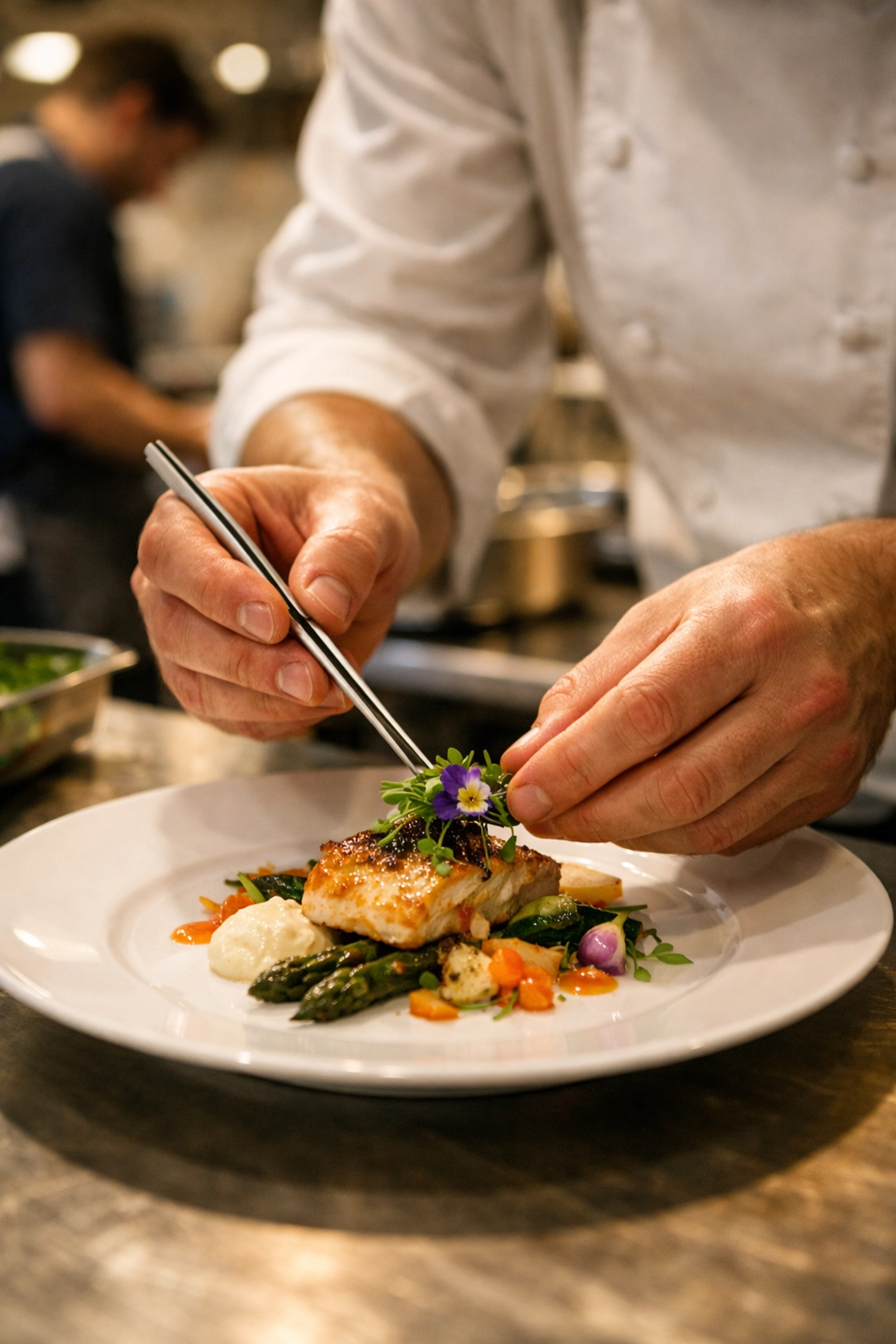 Chef plating fine dining dish with precision in restaurant kitchen
