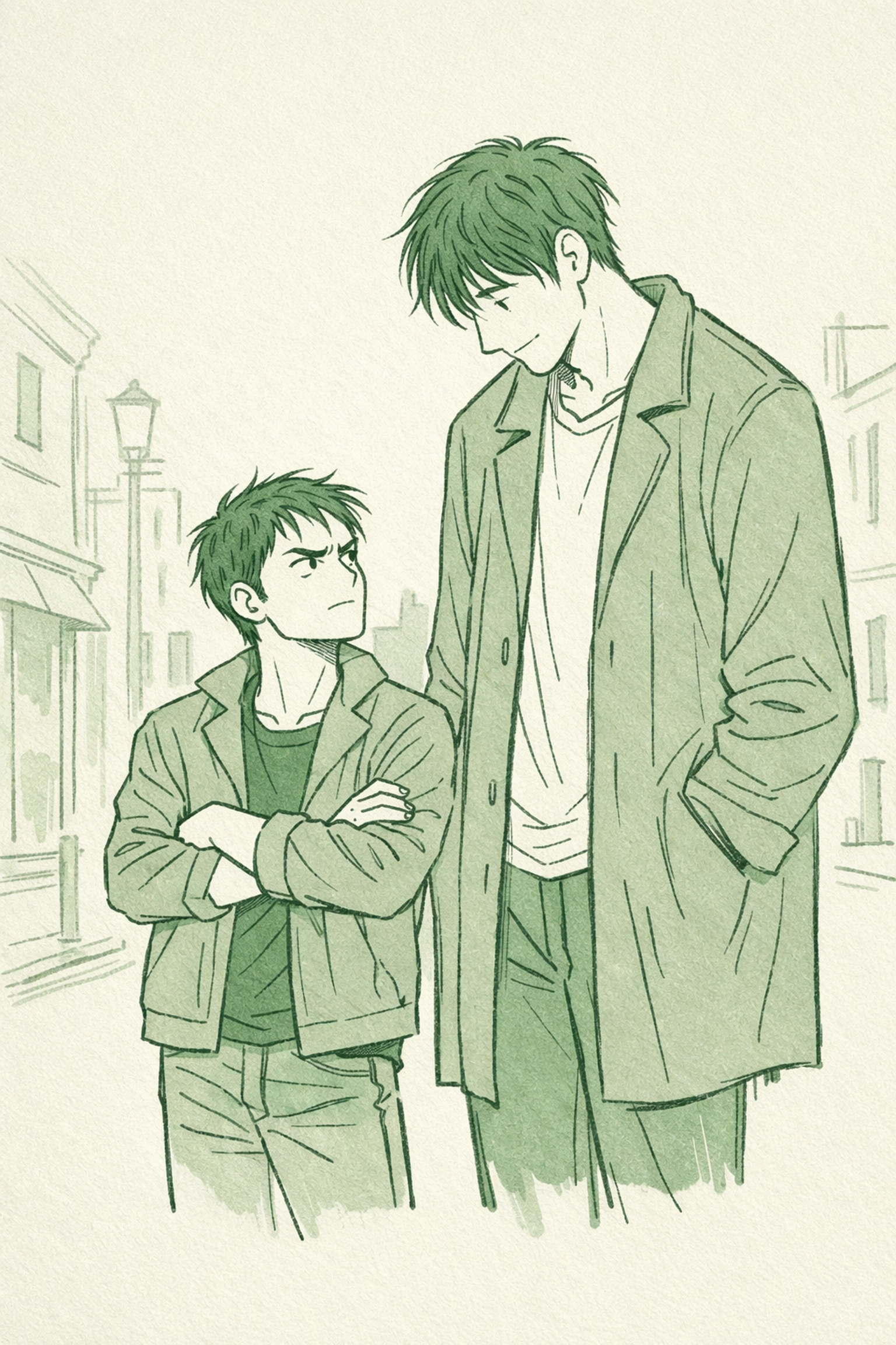 Gay couple with dramatic height difference standing together on city street - MM romance illustration