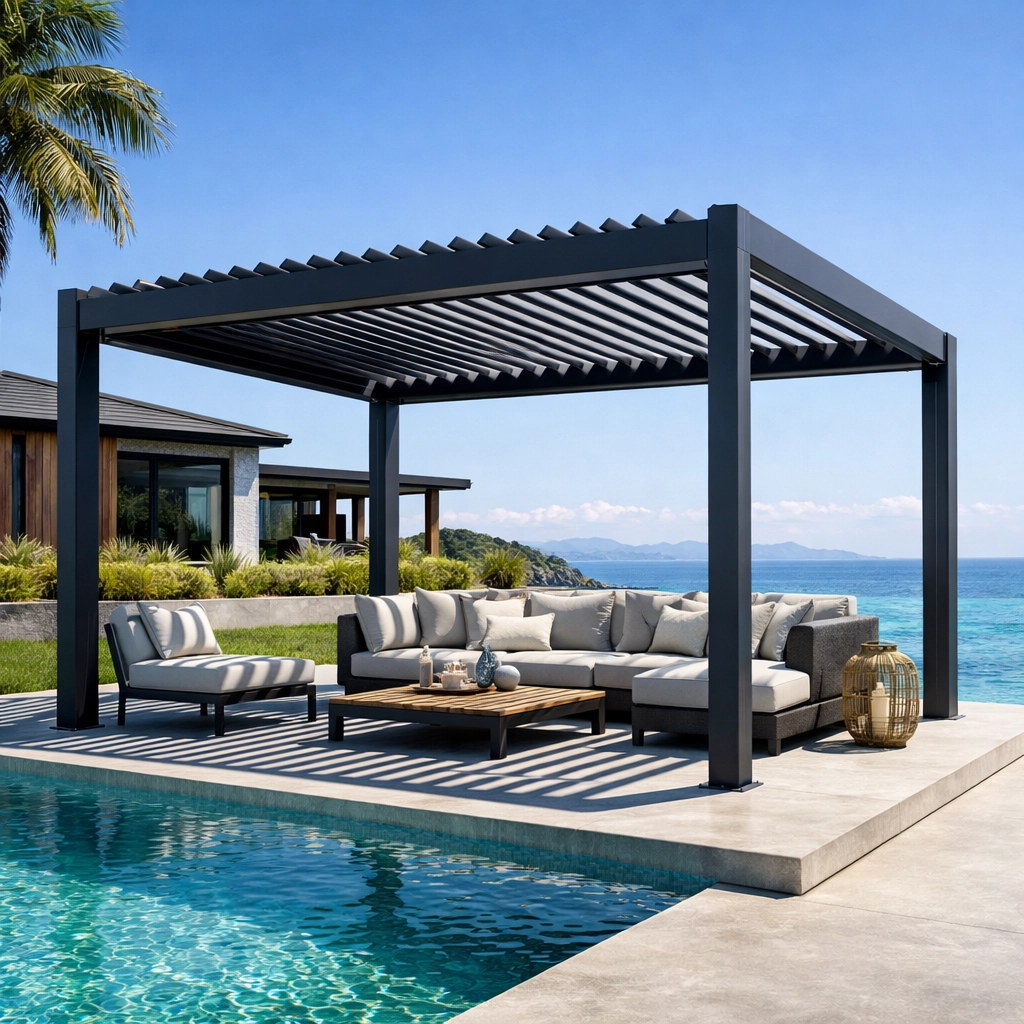 Freestanding charcoal grey louvre pergola with outdoor furniture placed next to a luxury backyard swimming pool.