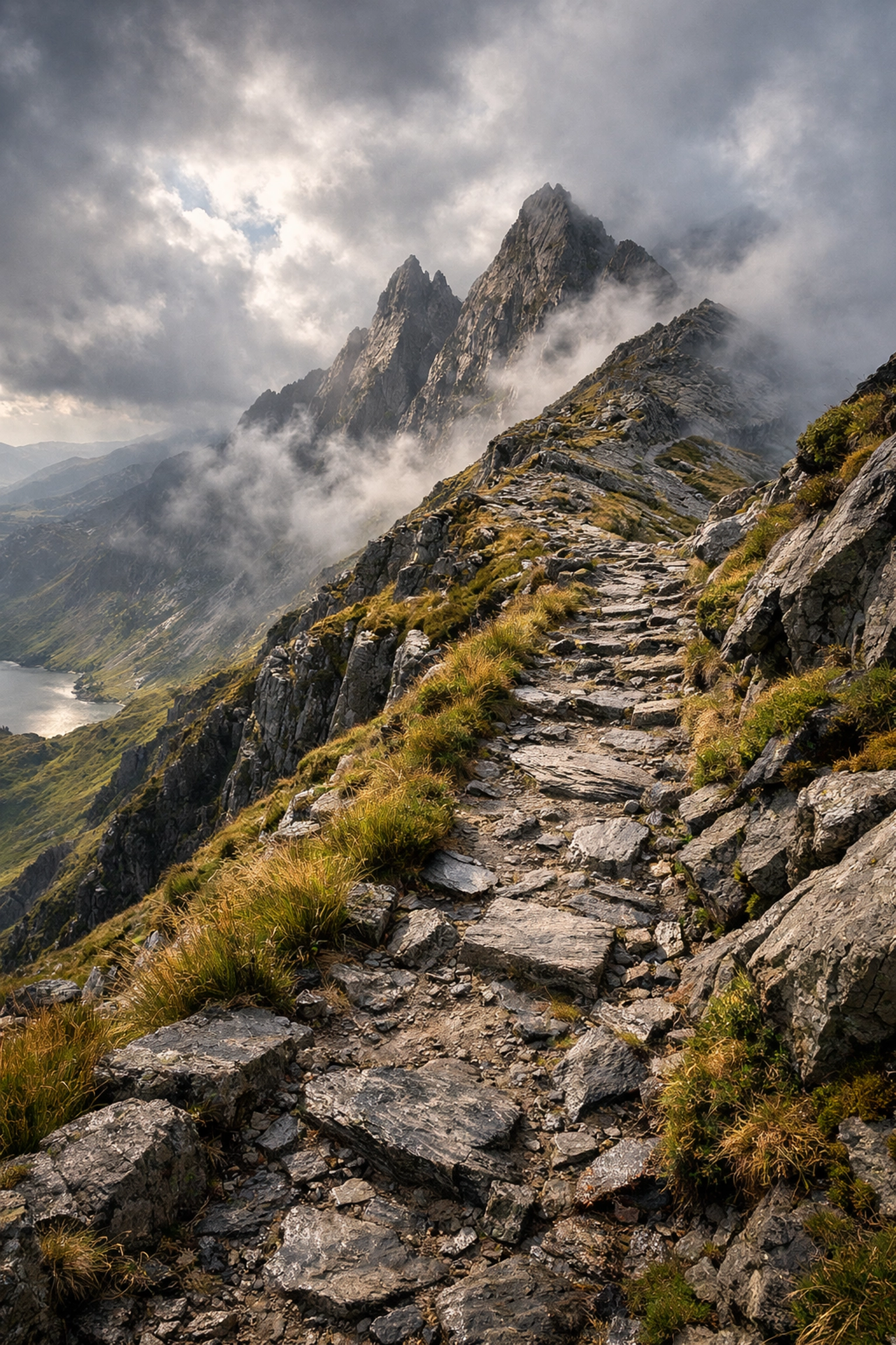 Challenging mountain trail in Snowdonia Wales with rocky path and summit views