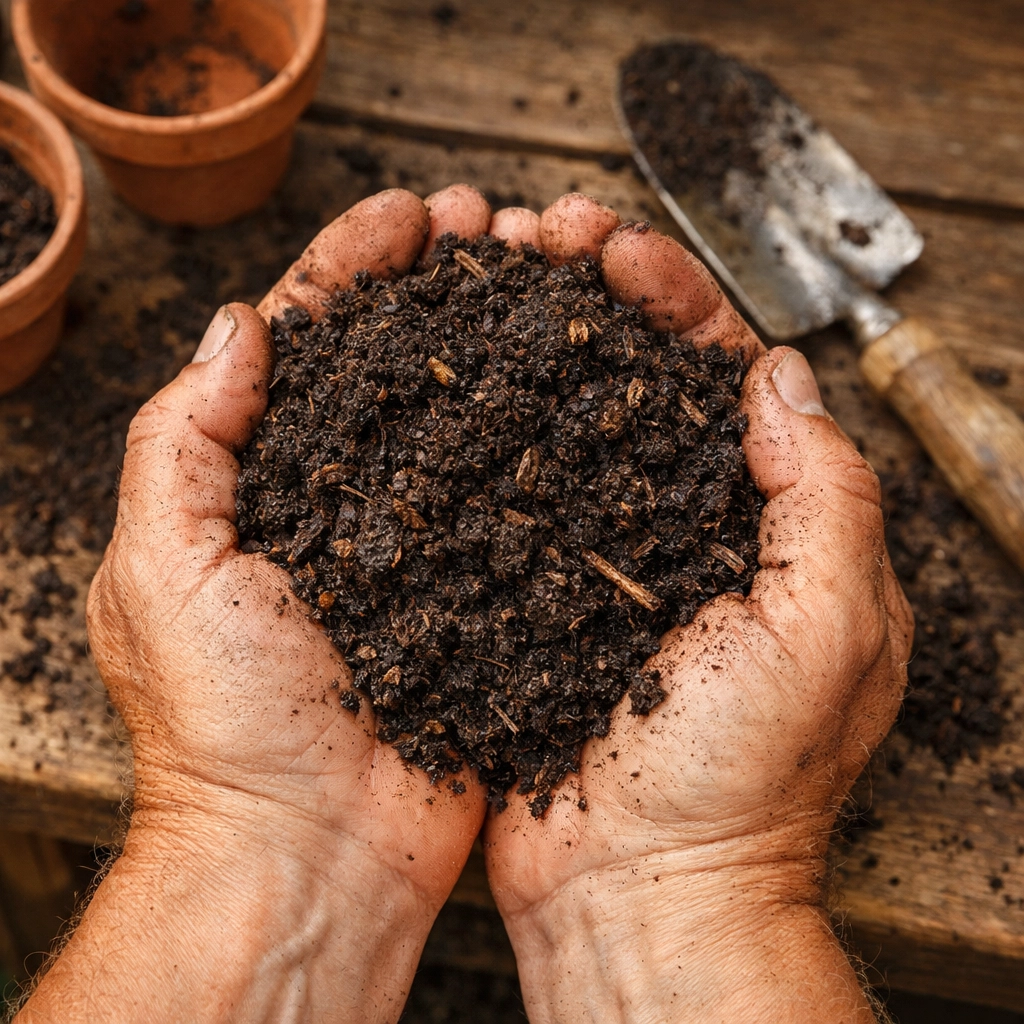 Hands holding rich composted soil for transplanting Carolina Reaper peppers