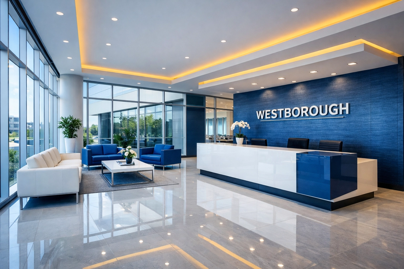 Pristine Westborough corporate office lobby with polished floors showcasing professional commercial cleaning services.