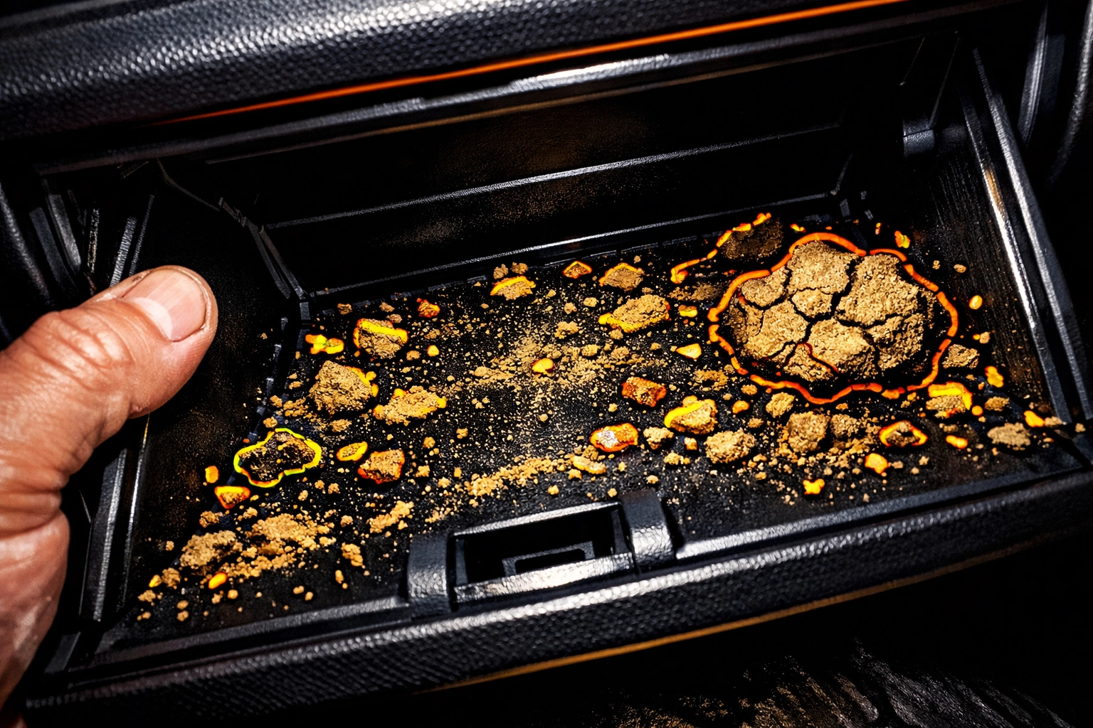 Glovebox filled with sand and silt from flood-damaged used car
