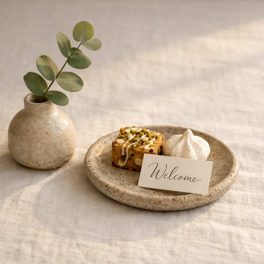 Minimalist personalized guest welcome amenities on white linen for a luxury hotel stay.
