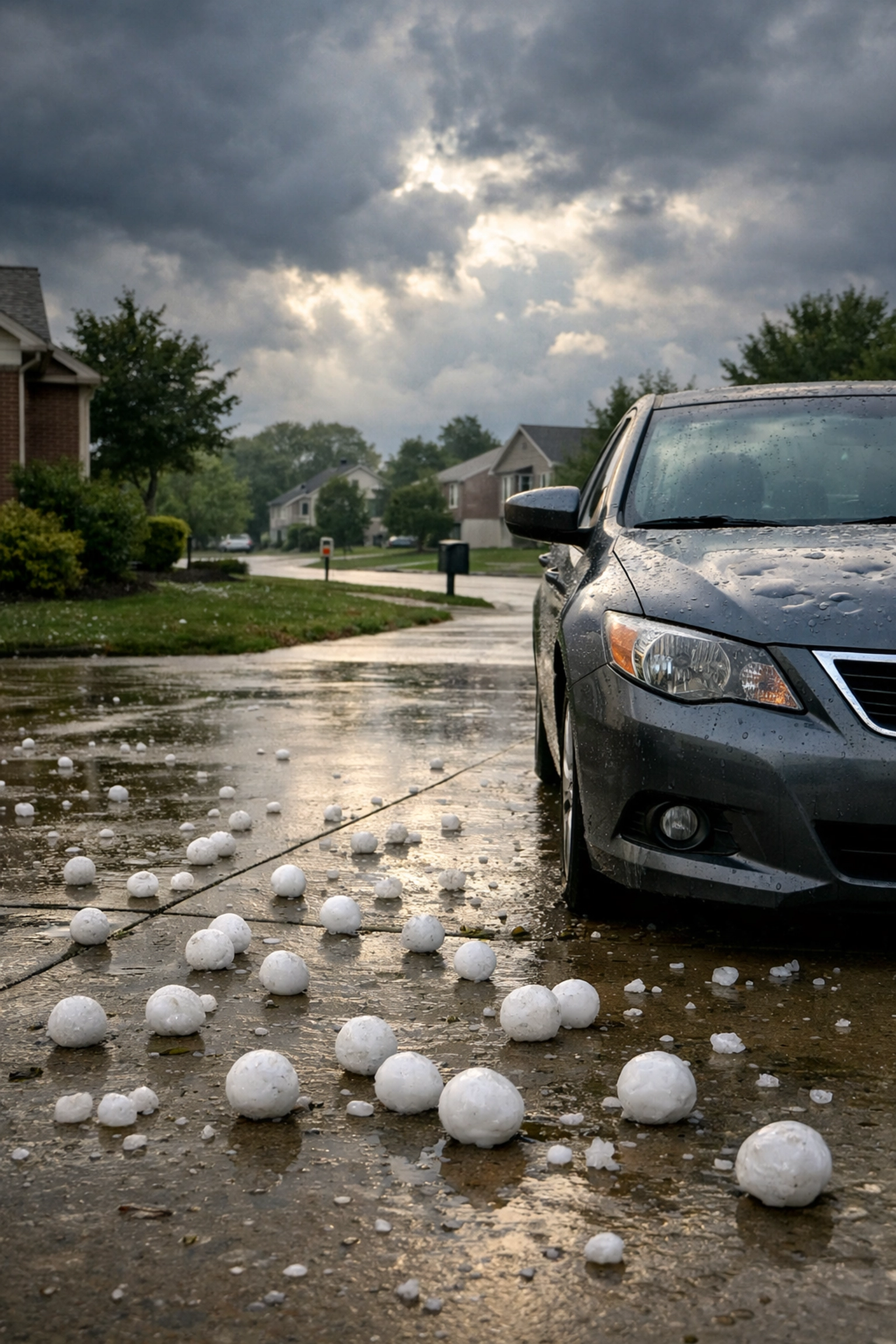 Hail damage on vehicle in Northern Kentucky driveway after severe storm impacts insurance claims