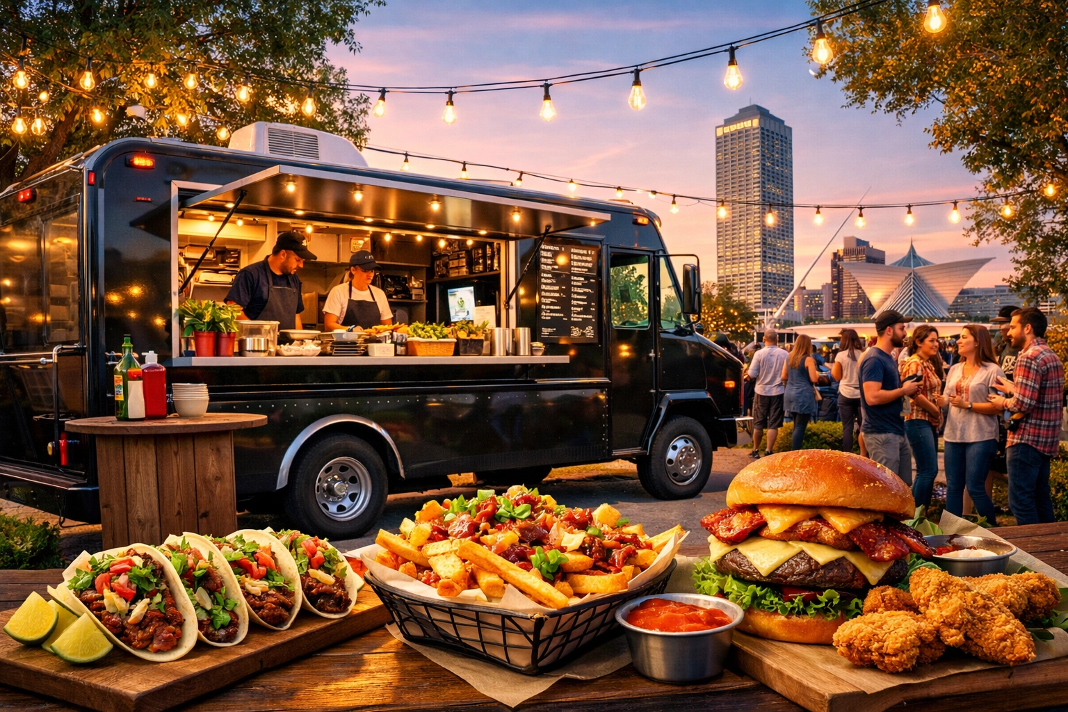 A Sweet Seoul food truck parked at an outdoor Milwaukee event under festive string lights.