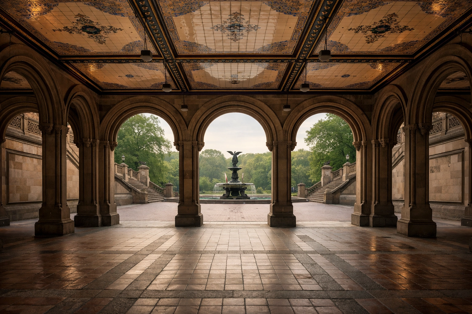 Symmetry and Minton tiles at Bethesda Terrace in Central Park, a top New York City photography location.