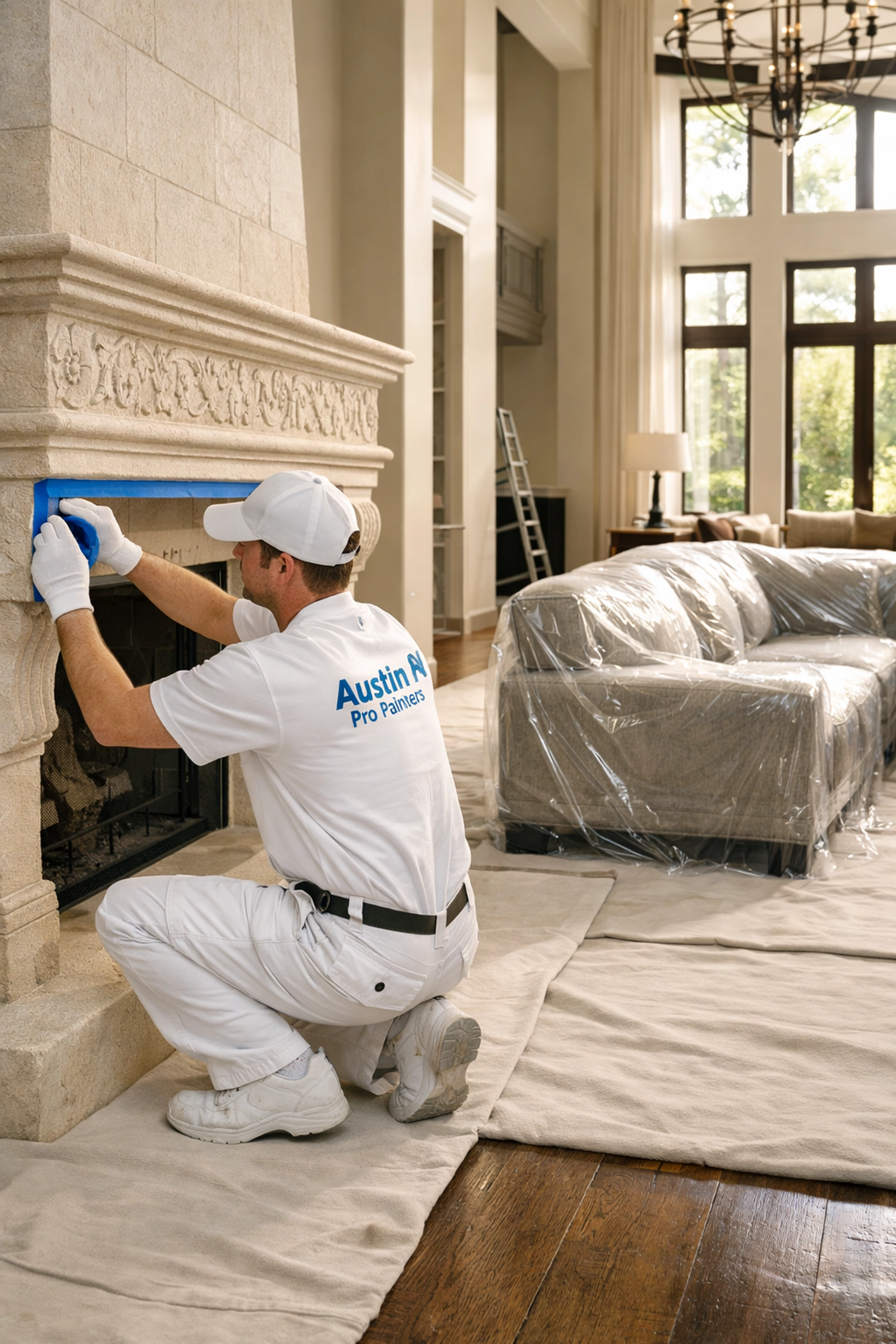 Professional painters in Austin preparing a luxury home with protective coverings and meticulous tape application.