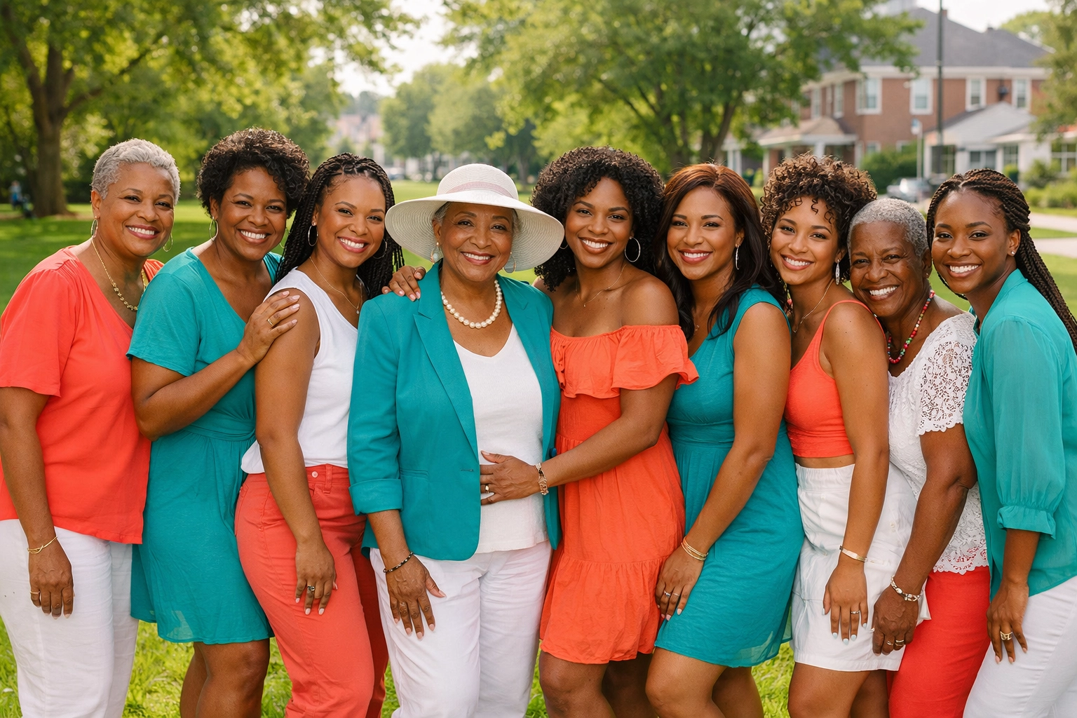 A group of Black women supporting one another in a South Jersey park to celebrate community and empowerment.