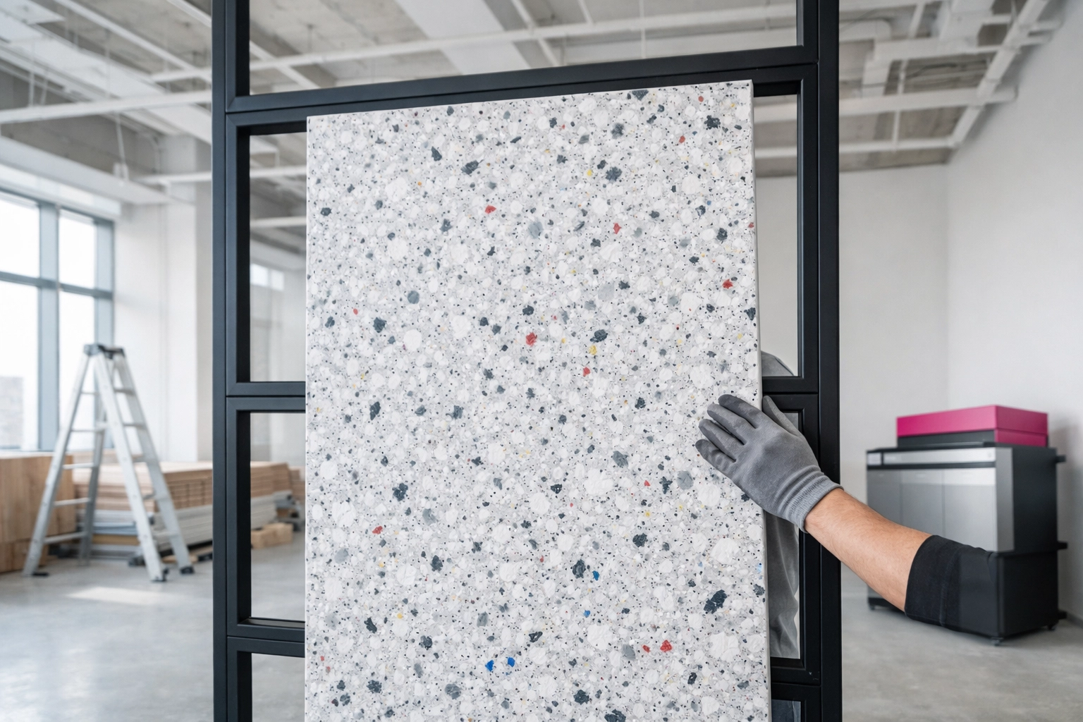 Workers installing a 2400x1200mm recycled plastic sheet on a modern building site.