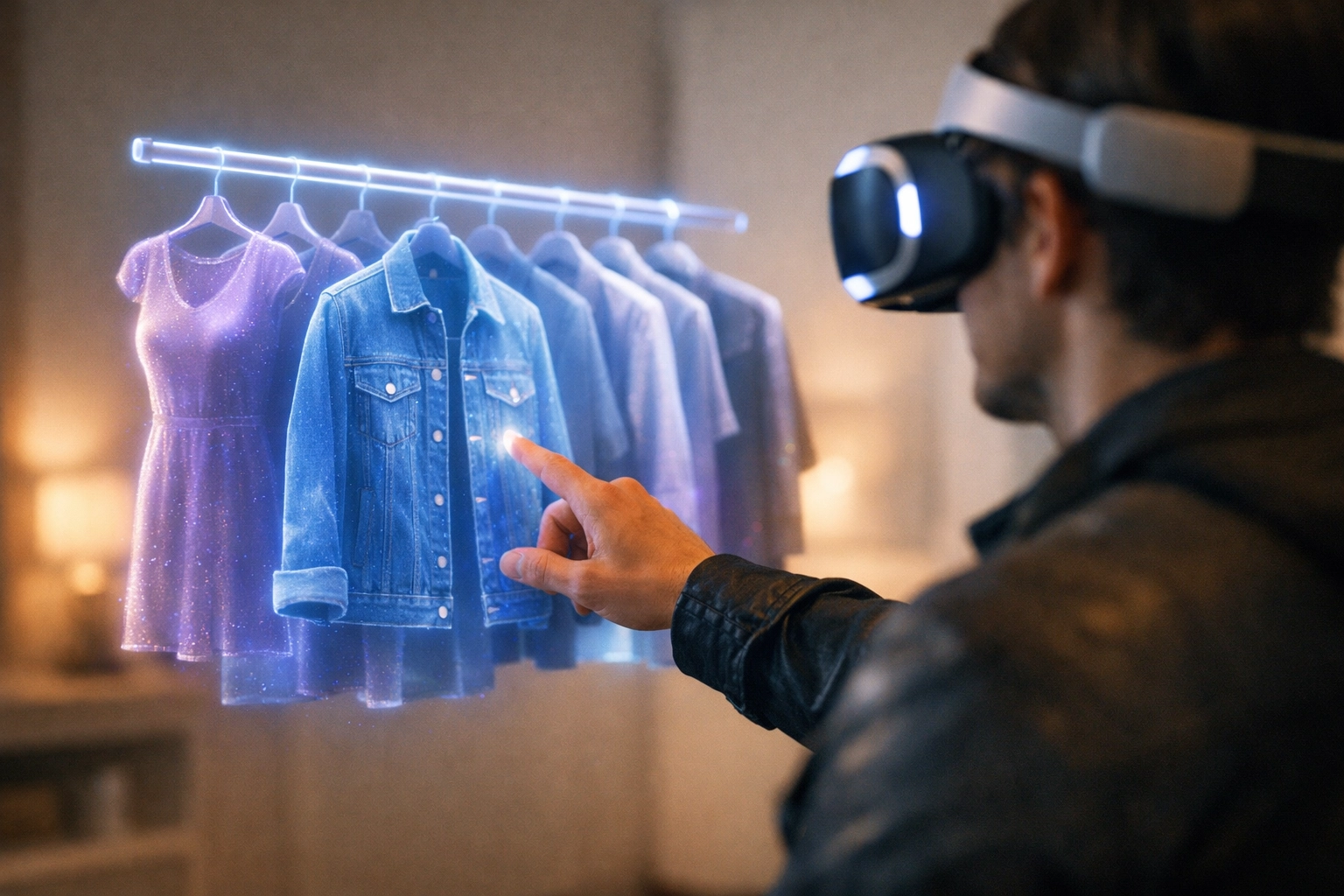 Person wearing VR headset shopping for virtual clothing in immersive metaverse retail experience