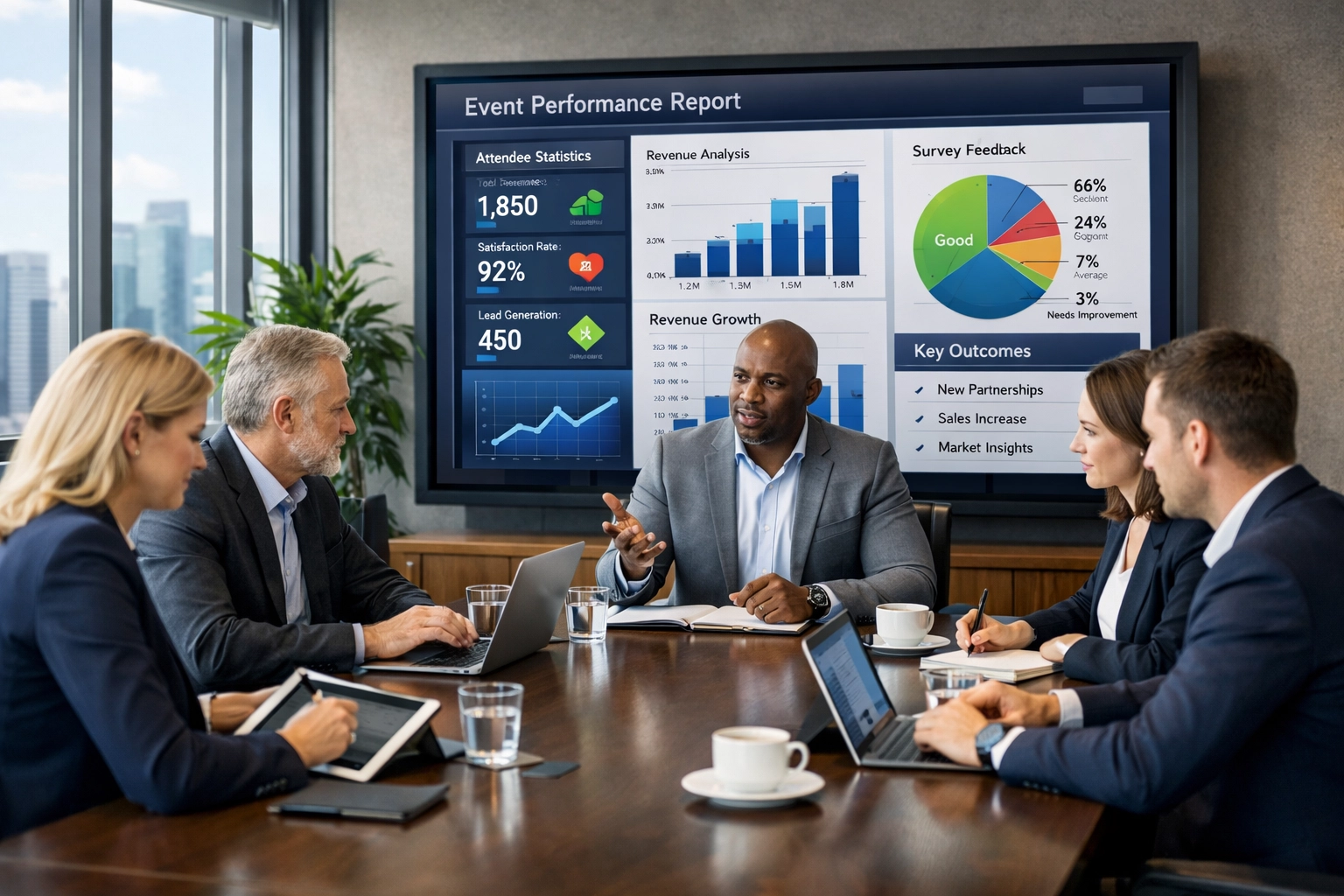 Executive team conducting post-event debrief analyzing Super Bowl corporate travel ROI and performance