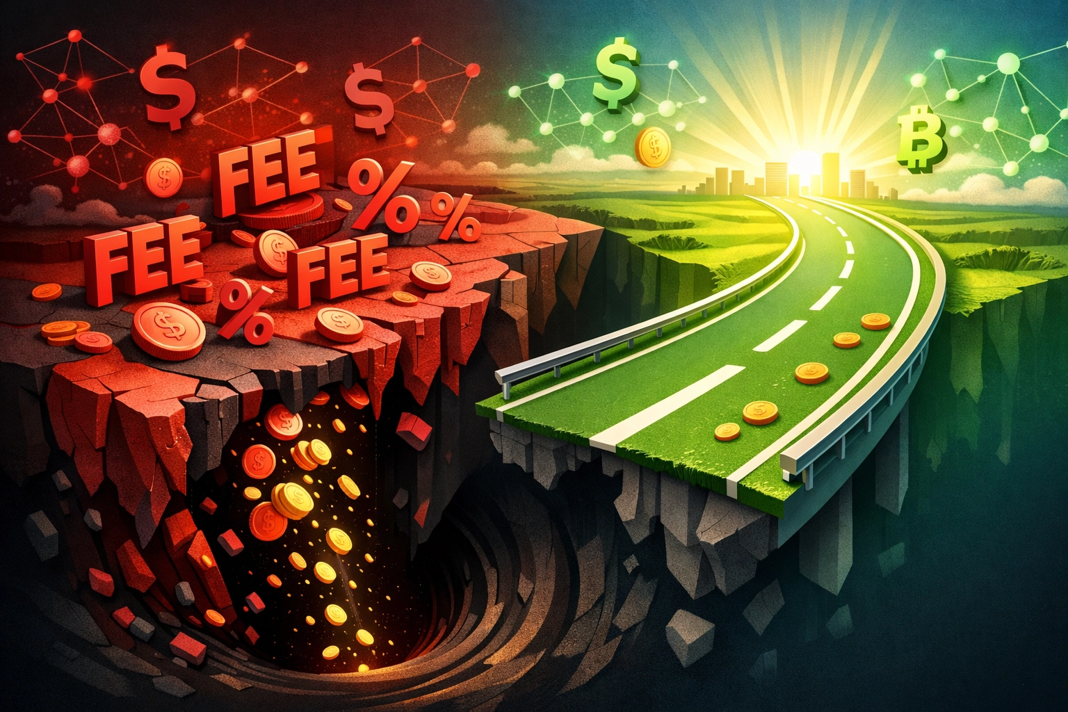 Payment fee comparison showing high interchange fees versus low blockchain gas fees