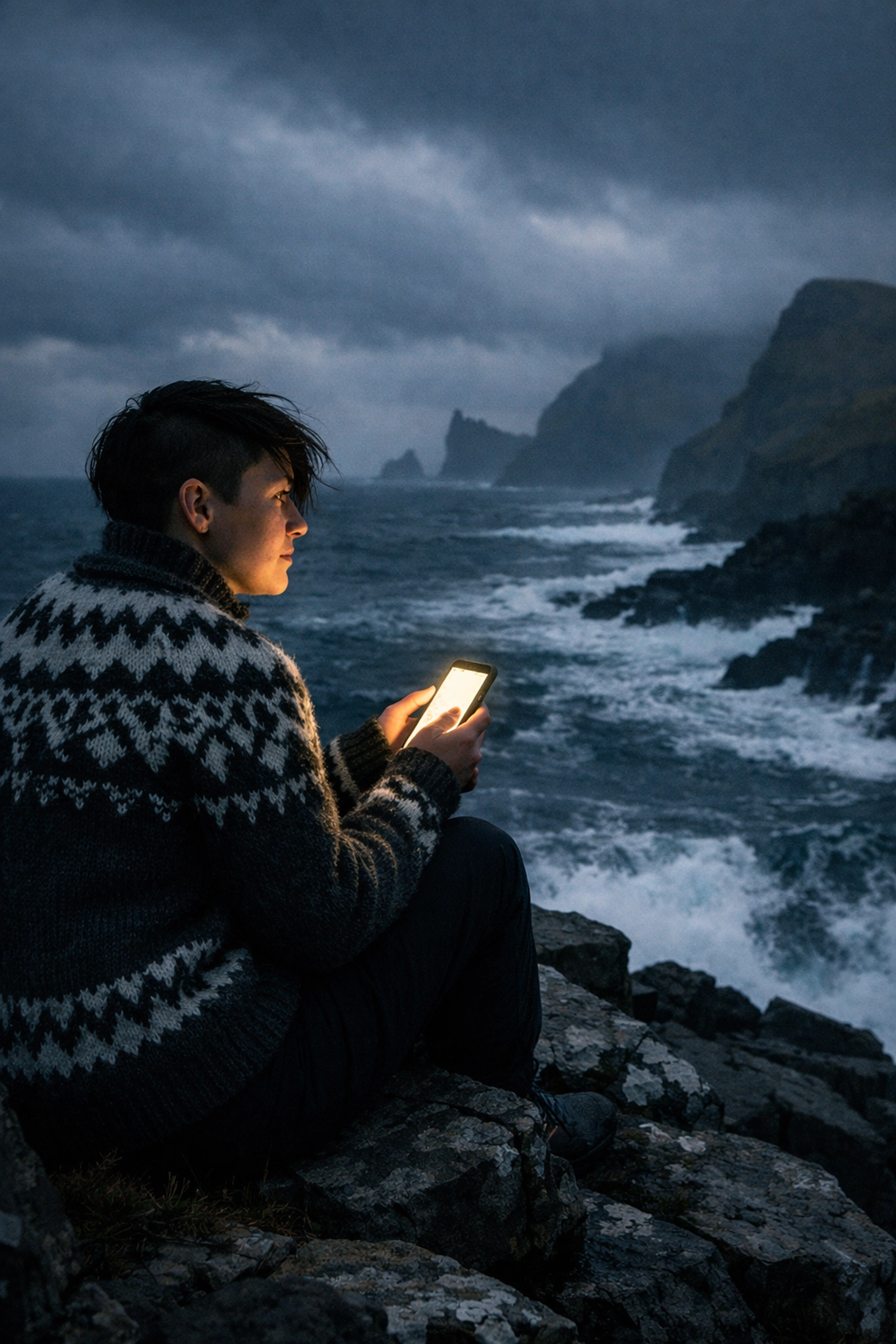 A non-binary person on the Faroe Islands coast using a phone to find LGBTQ+ community support.