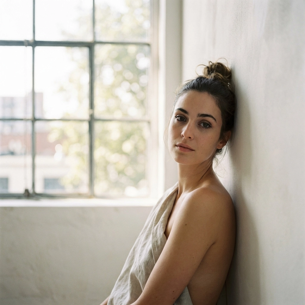 Fine art nude photography of a woman by a window with soft natural lighting and detailed skin texture.