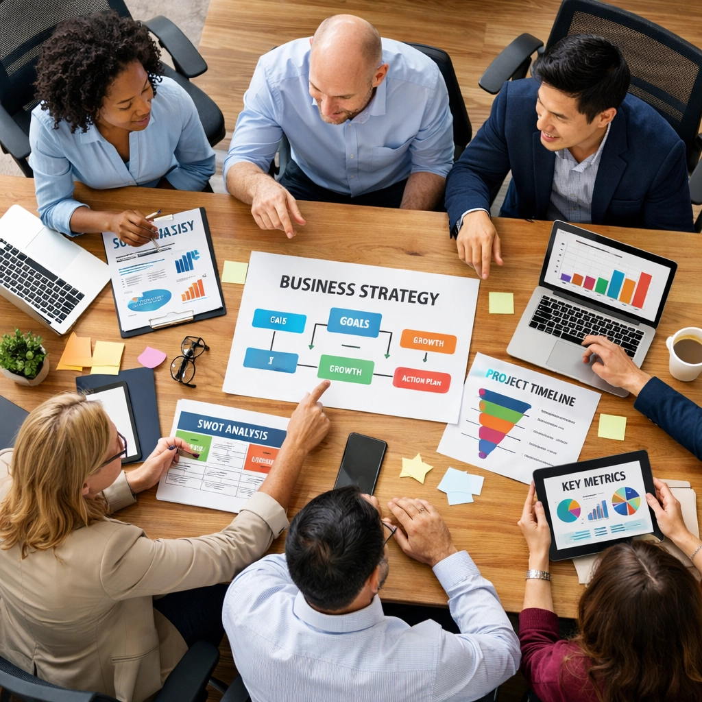 Business team collaborating on proactive IT planning and technology roadmap strategy