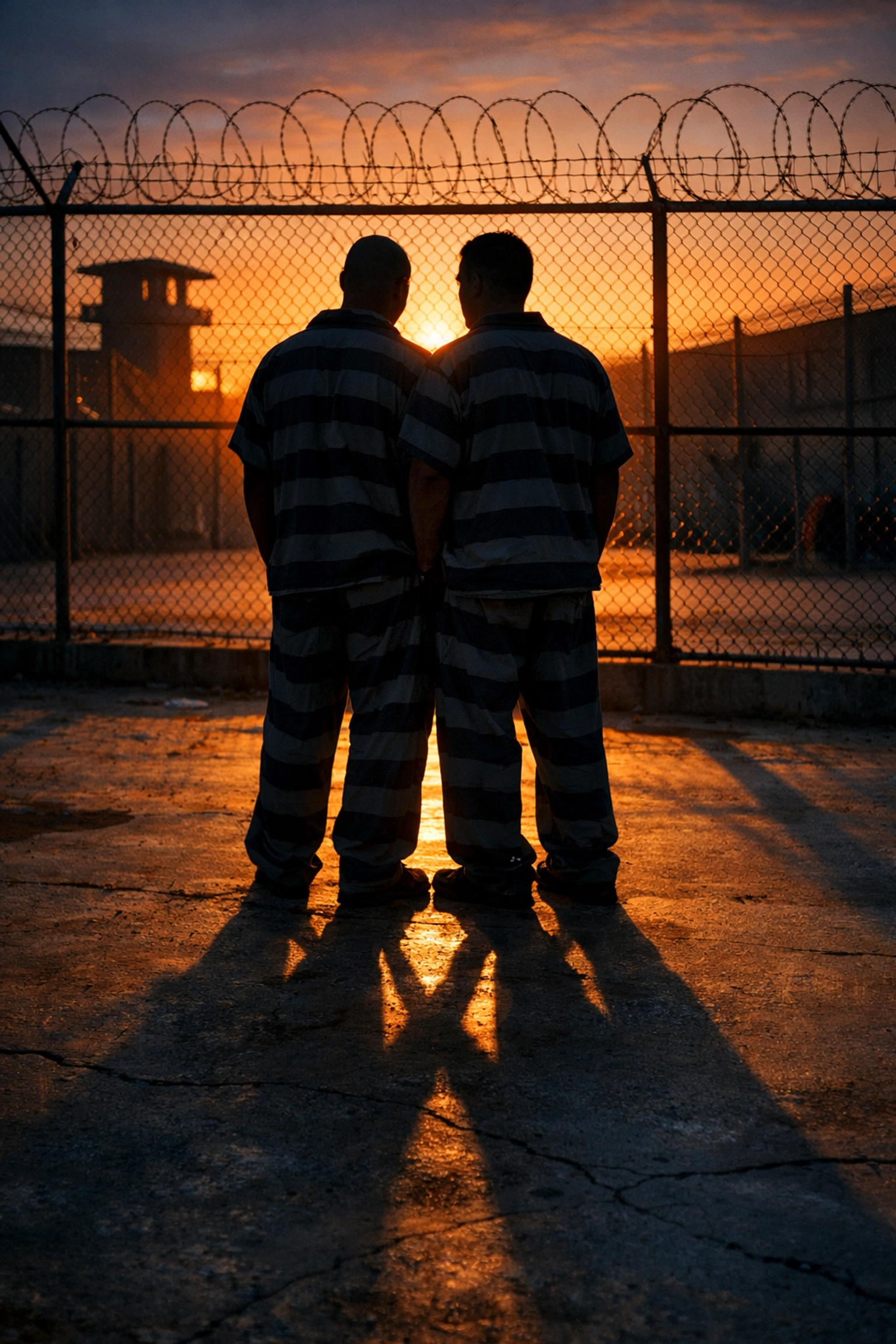 Gay men in prison finding love, shadows intertwined in yard at sunset